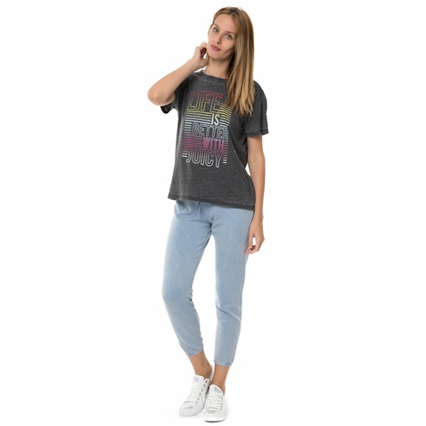 JUICY COUTURE-Γυναικεία κοντομάνικη μπλούζα JUICY COUTURE KNT LIFE IS BETTER ανθρακί