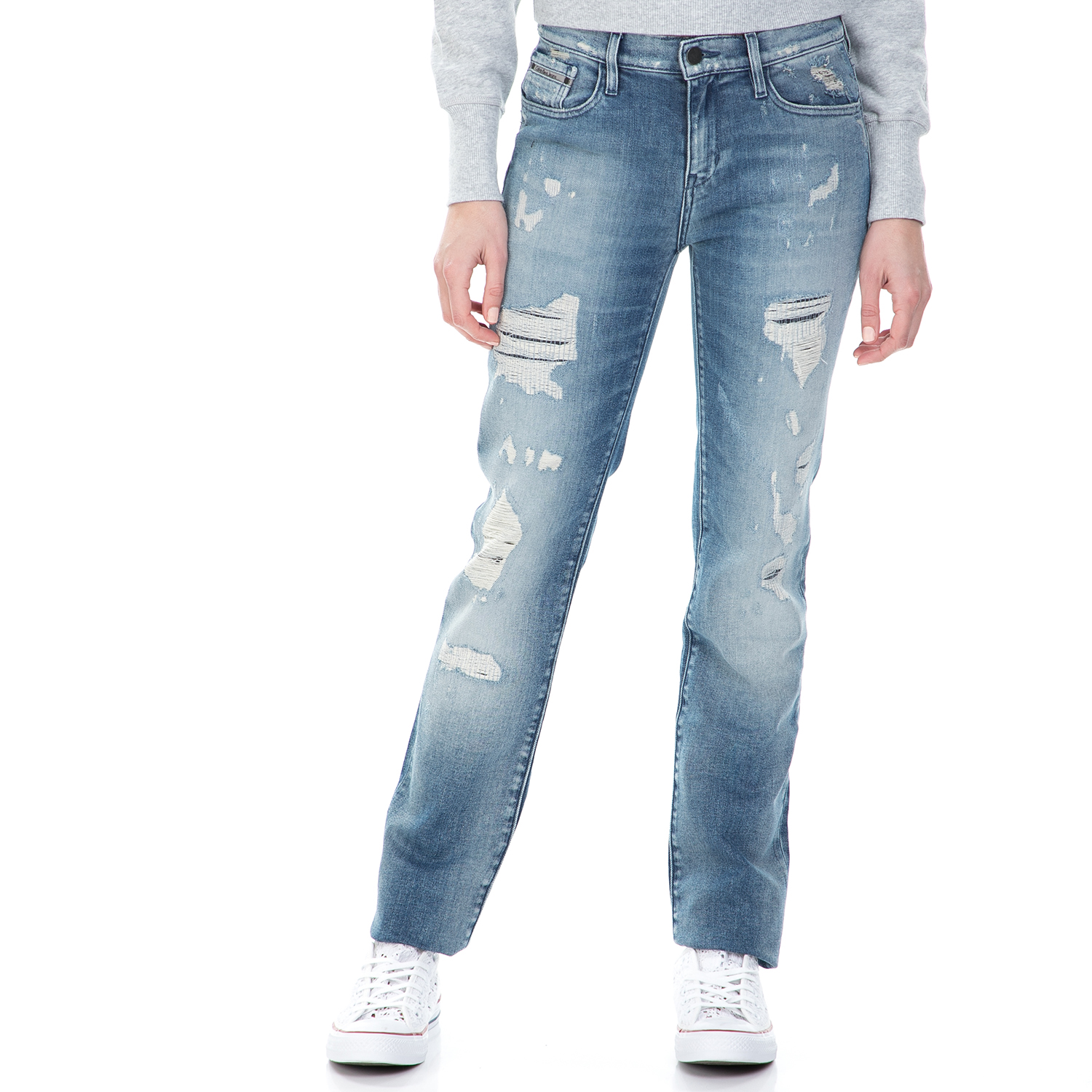 CALVIN KLEIN JEANS Γυναικείο mid rise straight τζιν παντελόνι Calvin Klein Jeans μπλε με σκισίματα