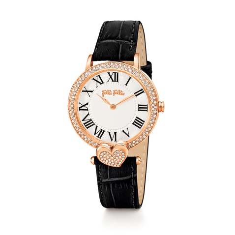 FOLLI FOLLIE-Γυναικείο ρολόι με δερμάτινο λουράκι FOLLI FOLLIE LOVE&FORTUNE μαύρο