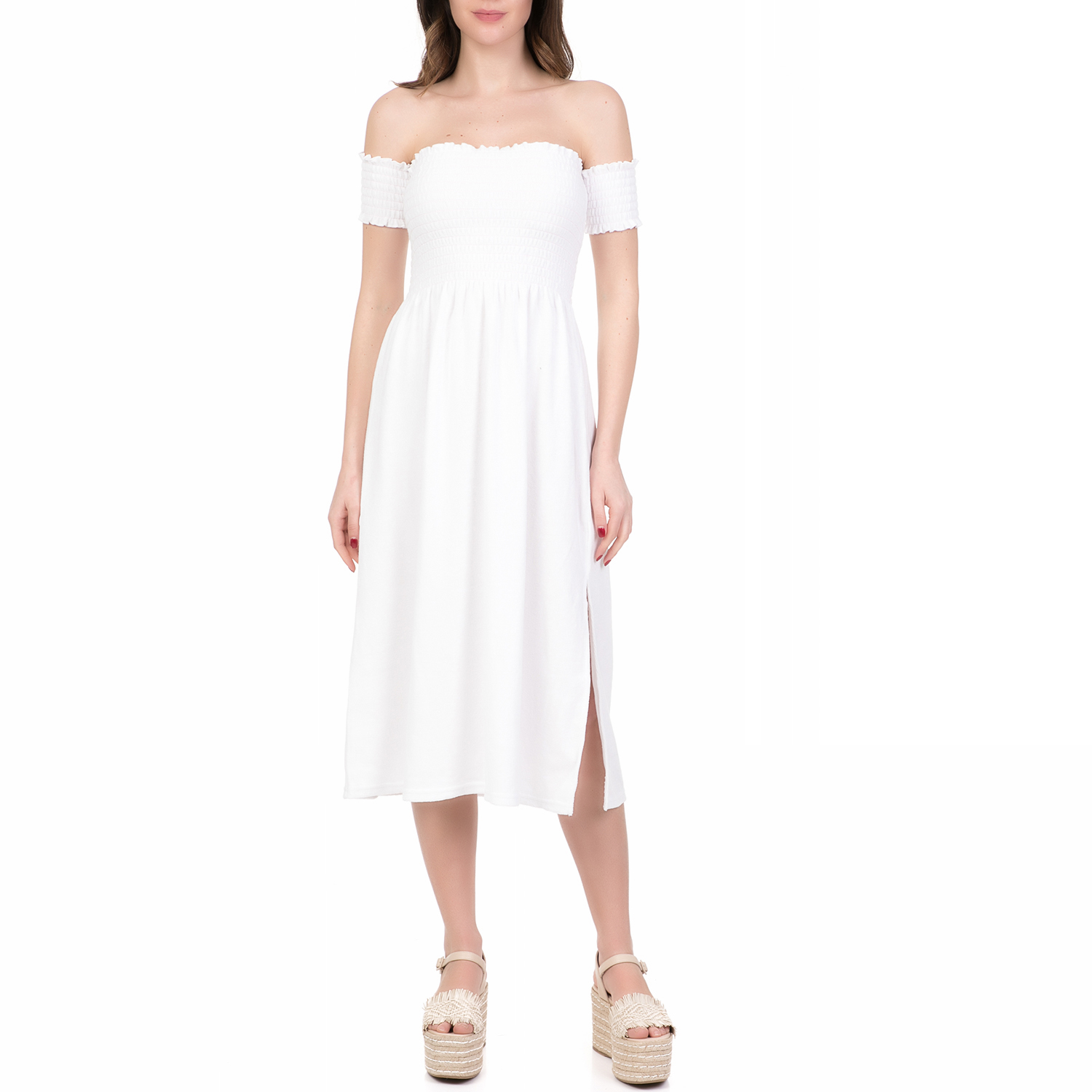 Γυναικεία/Ρούχα/Φορέματα/Μέχρι το γόνατο JUICY COUTURE - Γυναικείο midi φόρεμα MICROTERRY SMOCKED JUICY COUTURE λευκό