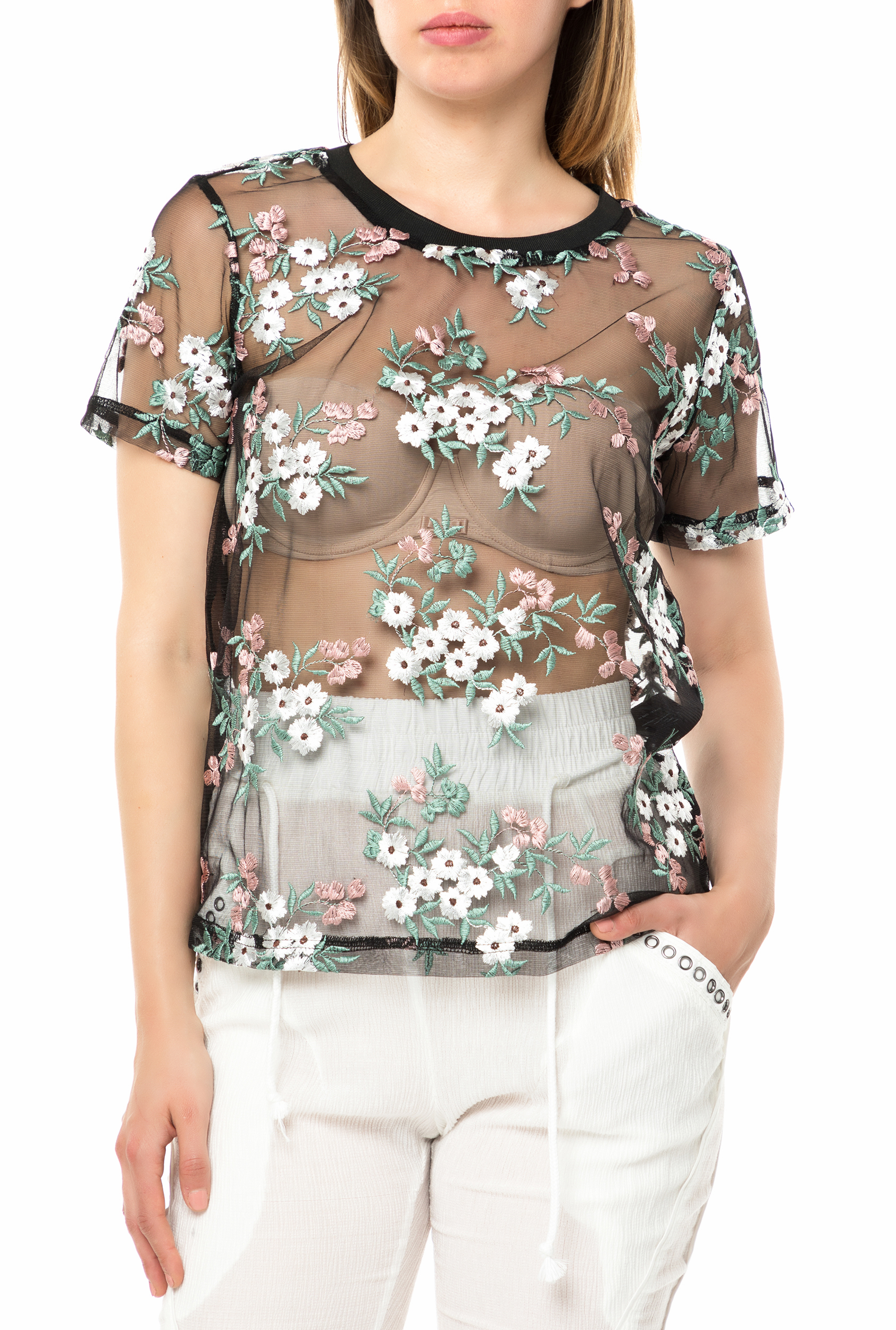 Γυναικεία/Ρούχα/Μπλούζες/Τοπ NU - Γυναικείο διάφανο τοπ NU με φλοράλ κεντήματα