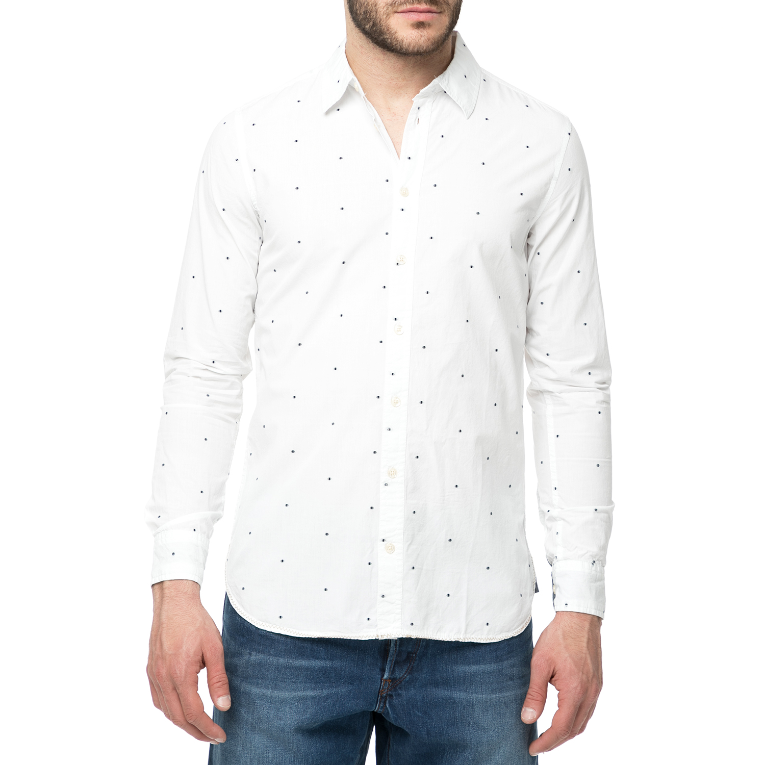 Ανδρικά/Ρούχα/Πουκάμισα/Μακρυμάνικα FUNKY BUDDHA - Ανδρικό πουκάμισο FUNKY BUDDHA λευκό με πουά μοτίβο