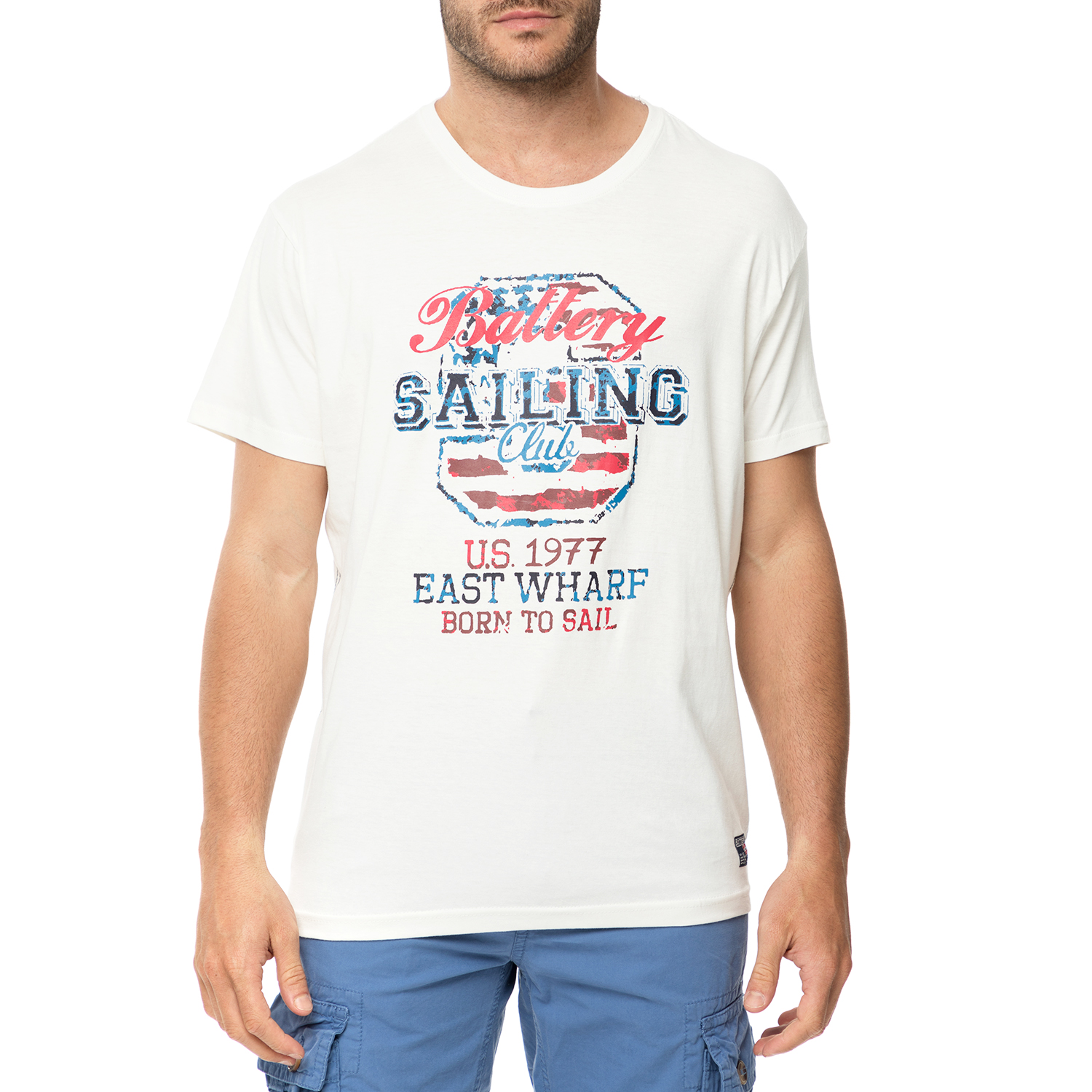 Ανδρικά/Ρούχα/Μπλούζες/Κοντομάνικες BATTERY - Ανδρικό t-shirt BATTERY λευκό με στάμπα