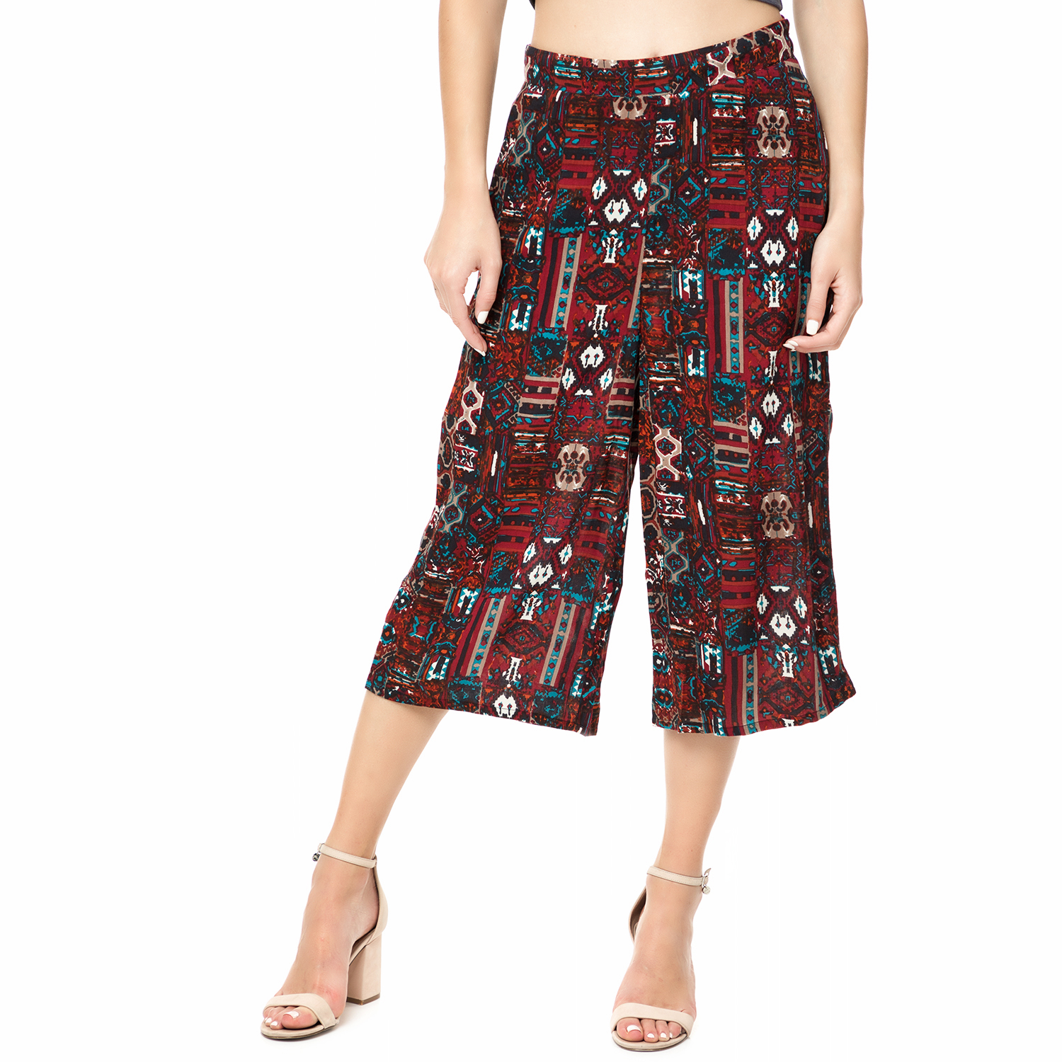 Γυναικεία/Ρούχα/Παντελόνια/Cropped FUNKY BUDDHA - Γυναικεία ζιπ κιλότ FUNKY BUDDHA μπορντό με aztec μοτίβο