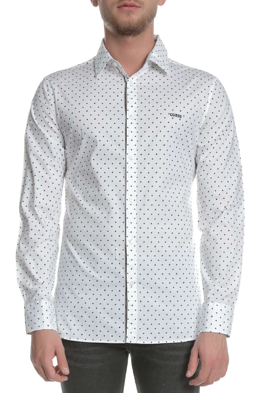 Ανδρικά/Ρούχα/Πουκάμισα/Μακρυμάνικα GUESS - Ανδρικό μακρυμάνικο πουκάμισο GUESS λευκό με print