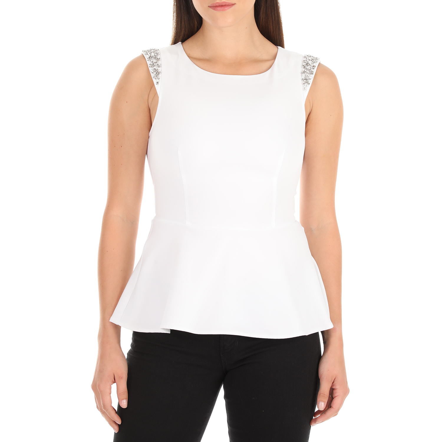 Γυναικεία/Ρούχα/Μπλούζες/Τοπ GUESS - Γυναικεία αμάνικη μπλούζα GUESS SARA λευκό