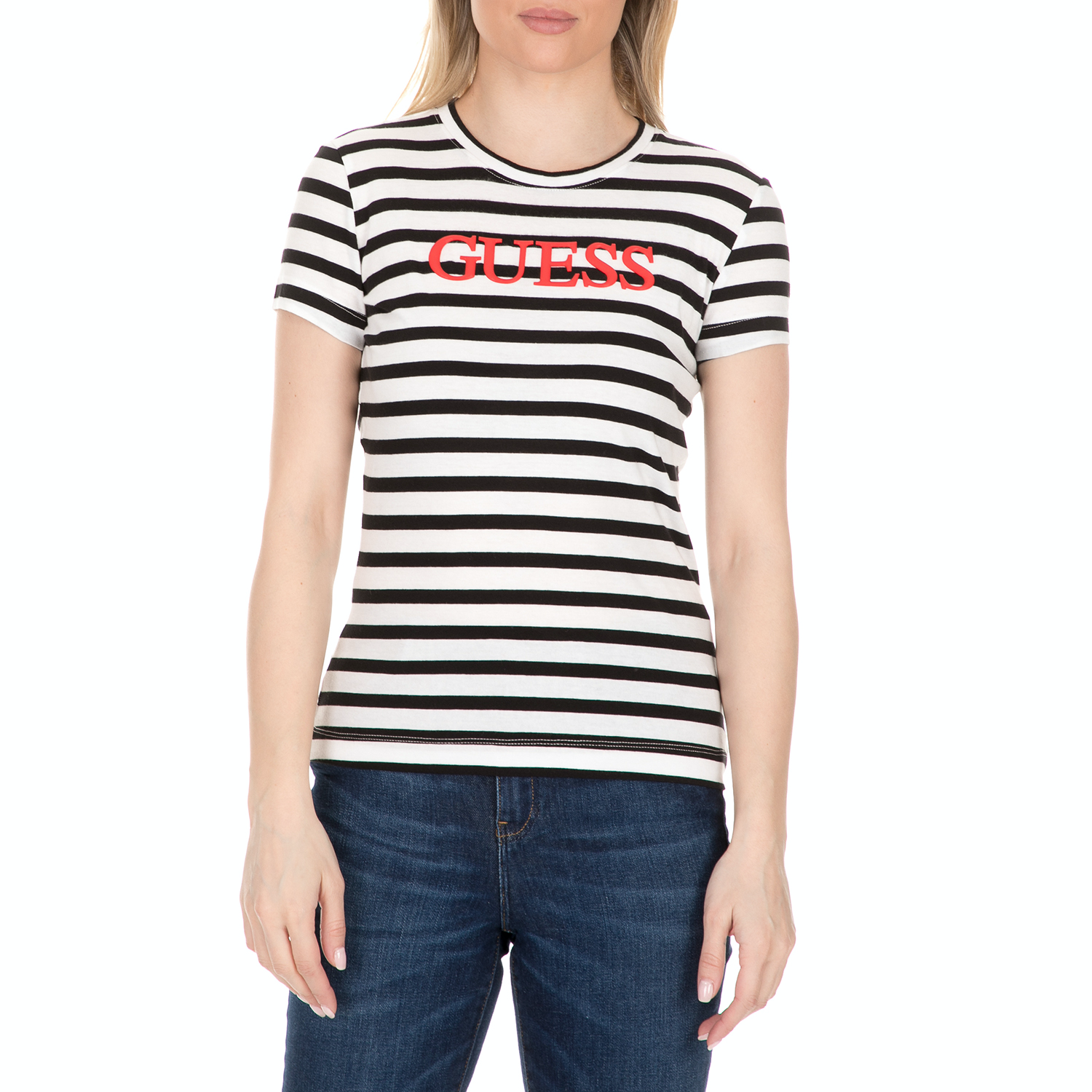 Γυναικεία/Ρούχα/Μπλούζες/Κοντομάνικες GUESS - Γυναικείο t-shirt με στάμπα GUESS ριγέ