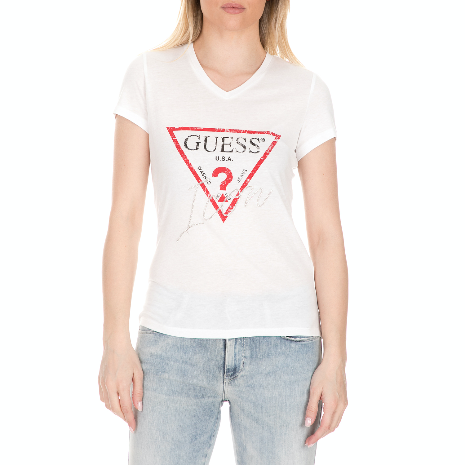 Γυναικεία/Ρούχα/Μπλούζες/Κοντομάνικες GUESS - Γυναικείο t-shirt με στάμπα GUESS λευκό