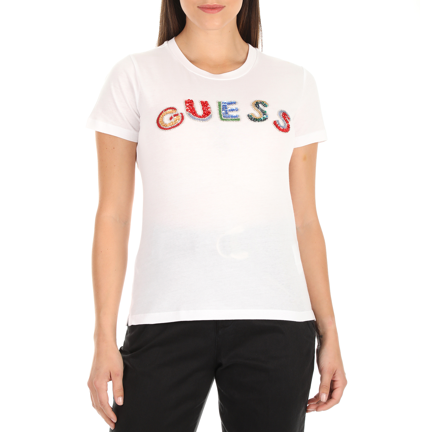 Γυναικεία/Ρούχα/Μπλούζες/Κοντομάνικες GUESS - Γυναικείο t-shirt με στάμπα GUESS RAINBOW λευκό