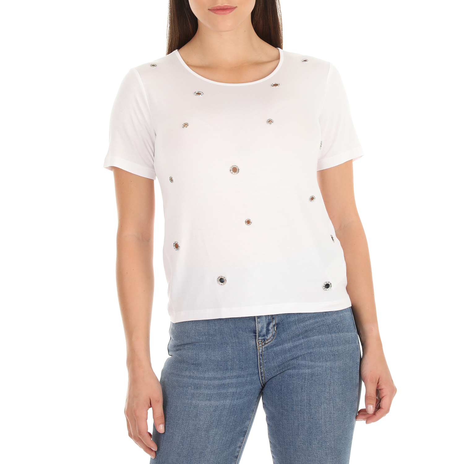Γυναικεία/Ρούχα/Μπλούζες/Κοντομάνικες GUESS - Γυναικείο t-shirt με στάμπα GUESS EYELETS λευκό