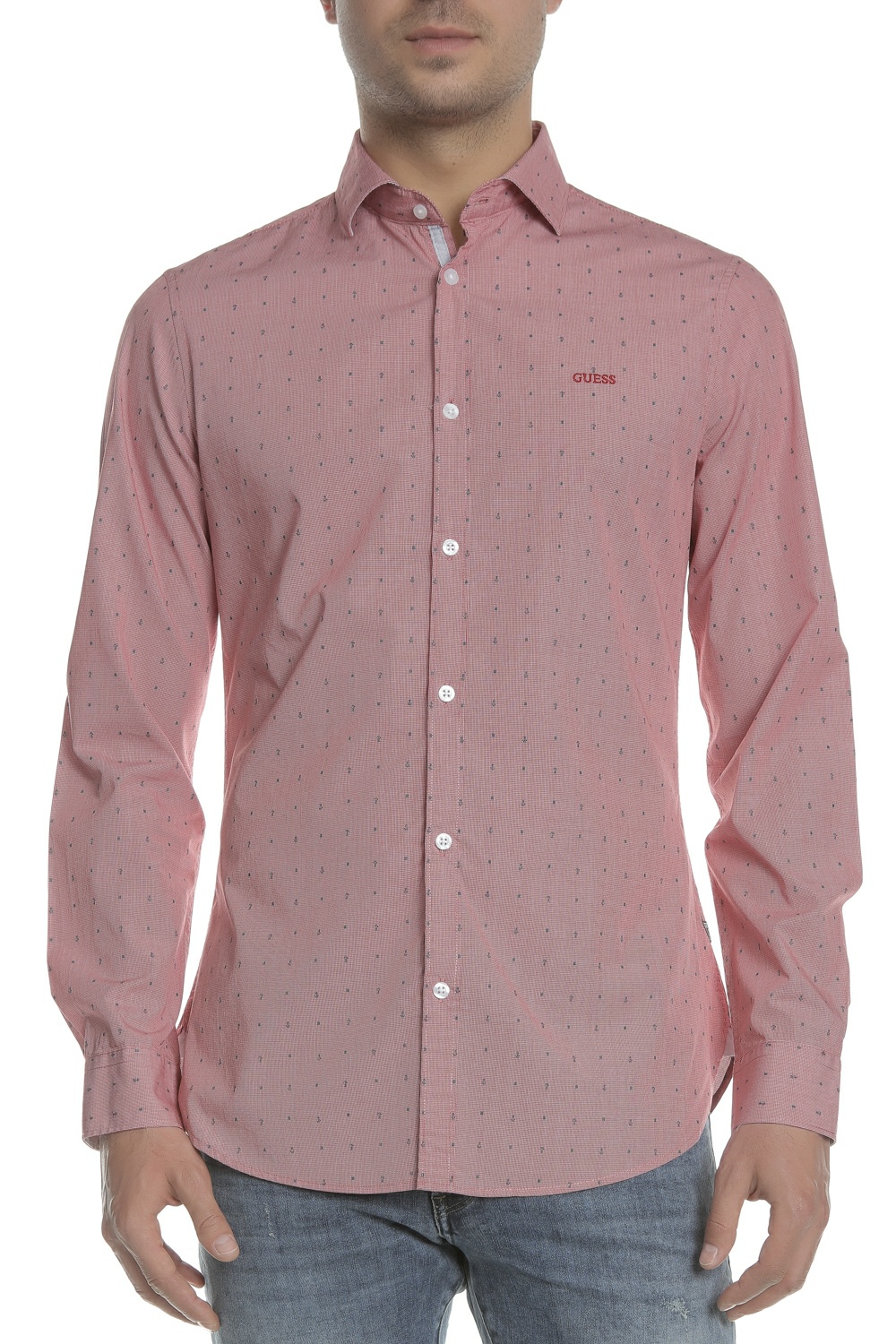 Ανδρικά/Ρούχα/Πουκάμισα/Μακρυμάνικα GUESS - Ανδρικό μακρυμάνικο πουκάμισο GUESS ροζ με print