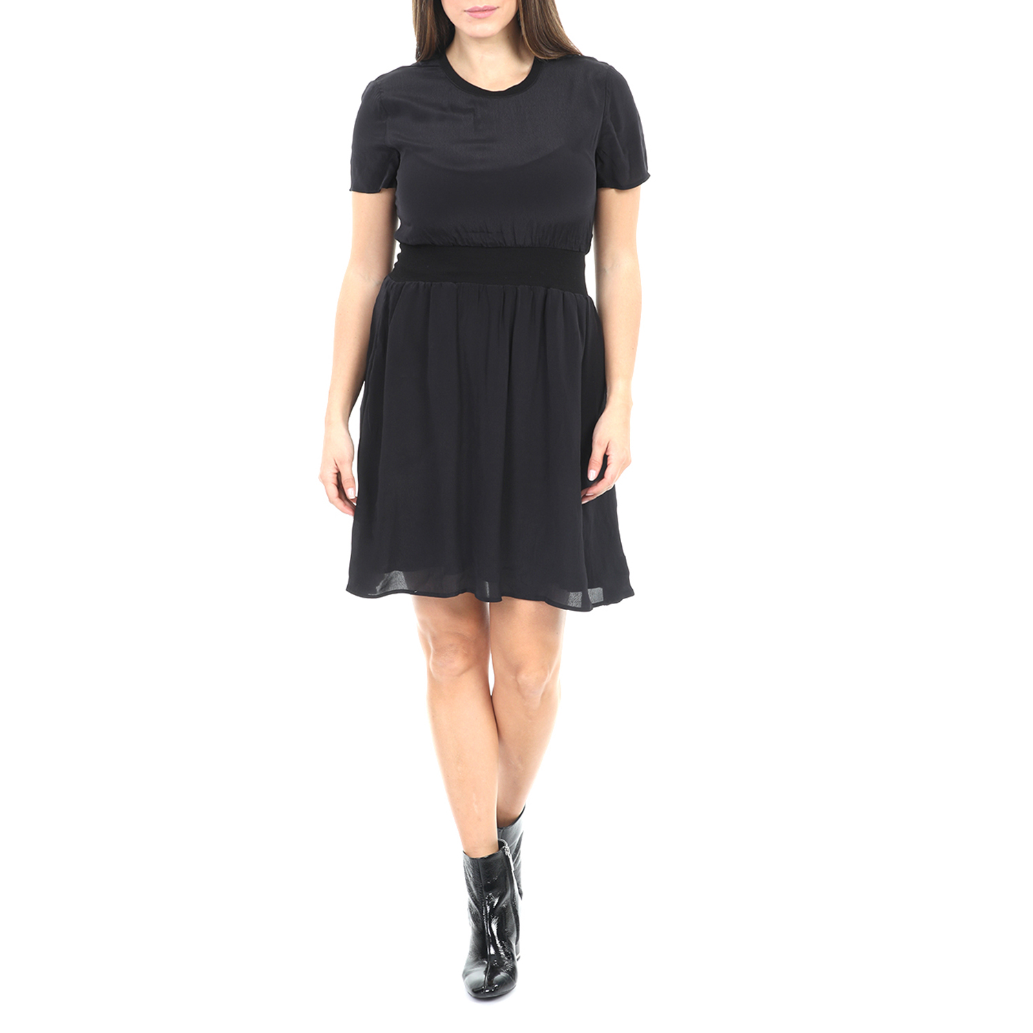 Γυναικεία/Ρούχα/Φορέματα/Μίνι CALVIN KLEIN JEANS - Γυναικείο μίνι φόρεμα CALVIN KLEIN JEANS FAUX SILK FIT AND FLARE μαύρο