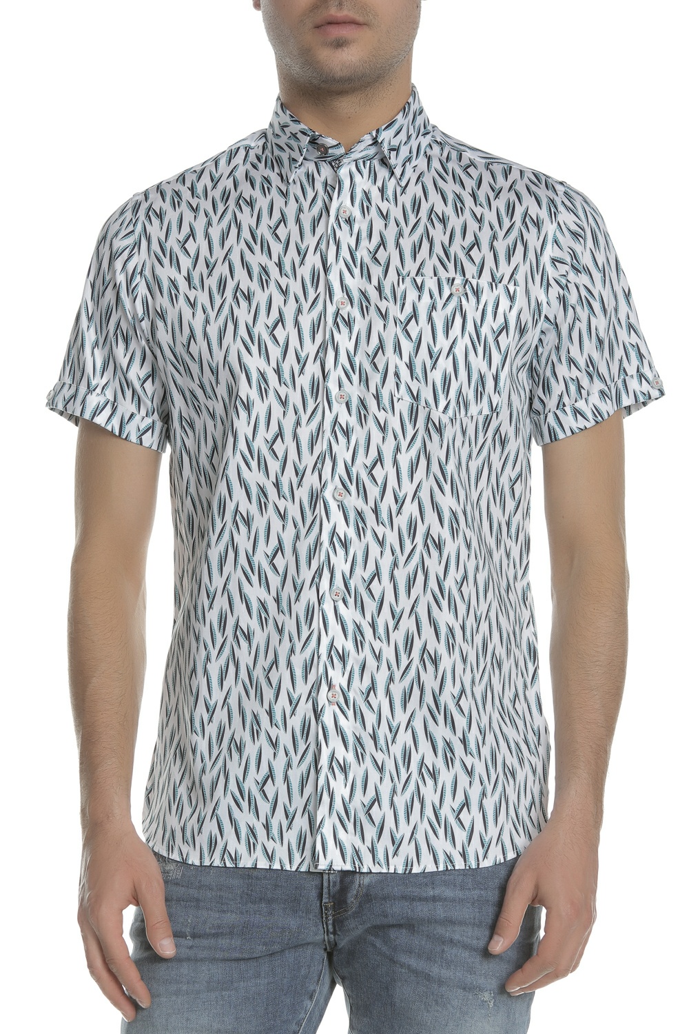 TED BAKER - Ανδρικό κοντομάνικο πουκάμισο TED BAKER WOOLRUS λευκό-μπλε Ανδρικά/Ρούχα/Πουκάμισα/Κοντομάνικα-Αμάνικα