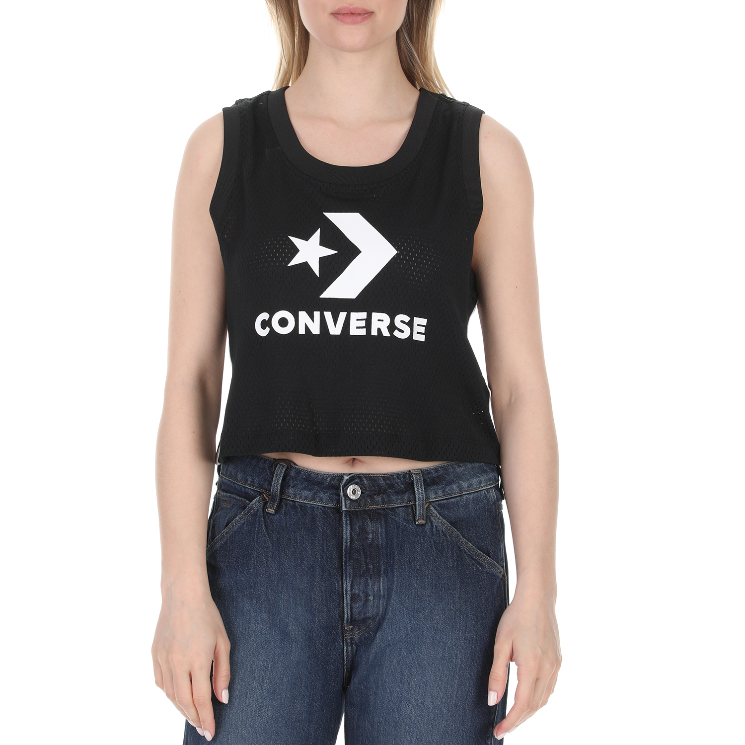 Γυναικεία/Ρούχα/Αθλητικά/T-shirt-Τοπ CONVERSE - Γυναικείο cropped τοπ CONVERSE Stripe Track Mid μαύρο
