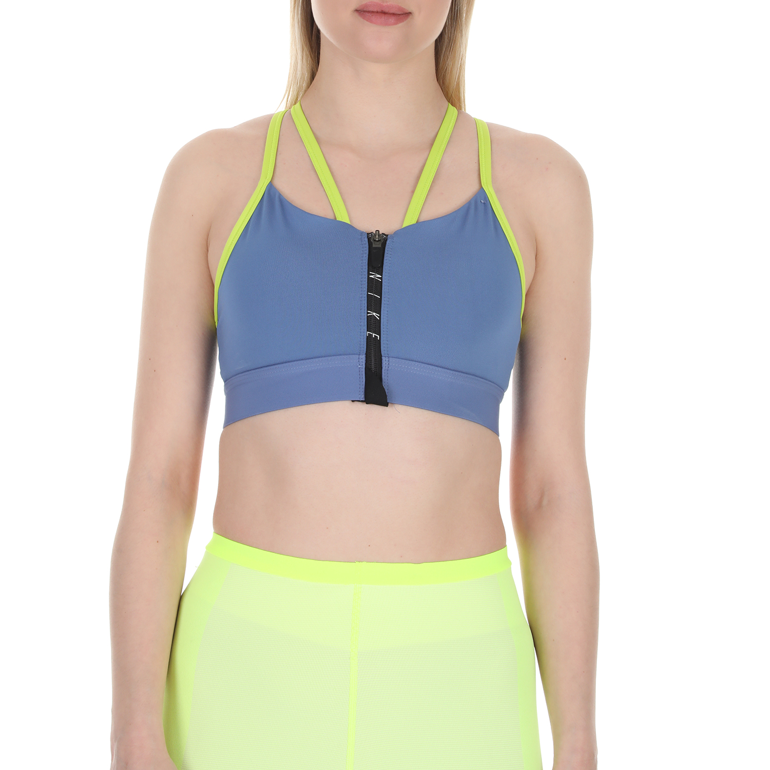 Γυναικεία/Ρούχα/Αθλητικά/Μπουστάκια NIKE - Γυναικείο αθλητικό μπουστάκι Nike Zip Indy Women's Light Su μπλε κίτρινο