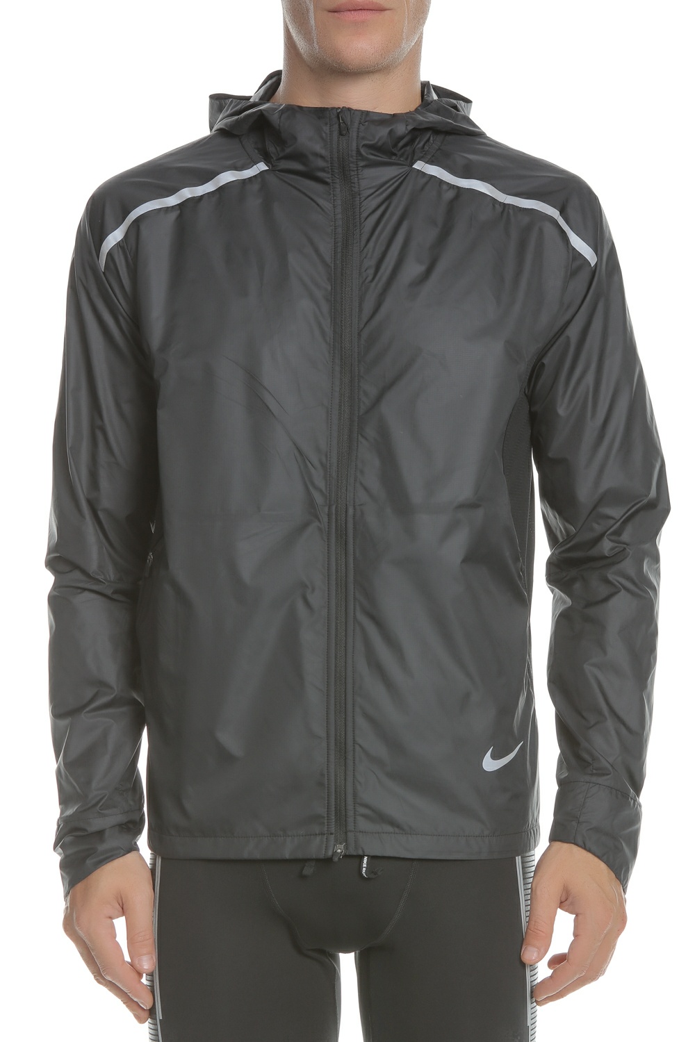 Ανδρικά/Ρούχα/Πανωφόρια/Τζάκετς NIKE - Ανδρικό τζάκετ με κουκούλα για τρέξιμο Nike Repel μαύρο-ασημί