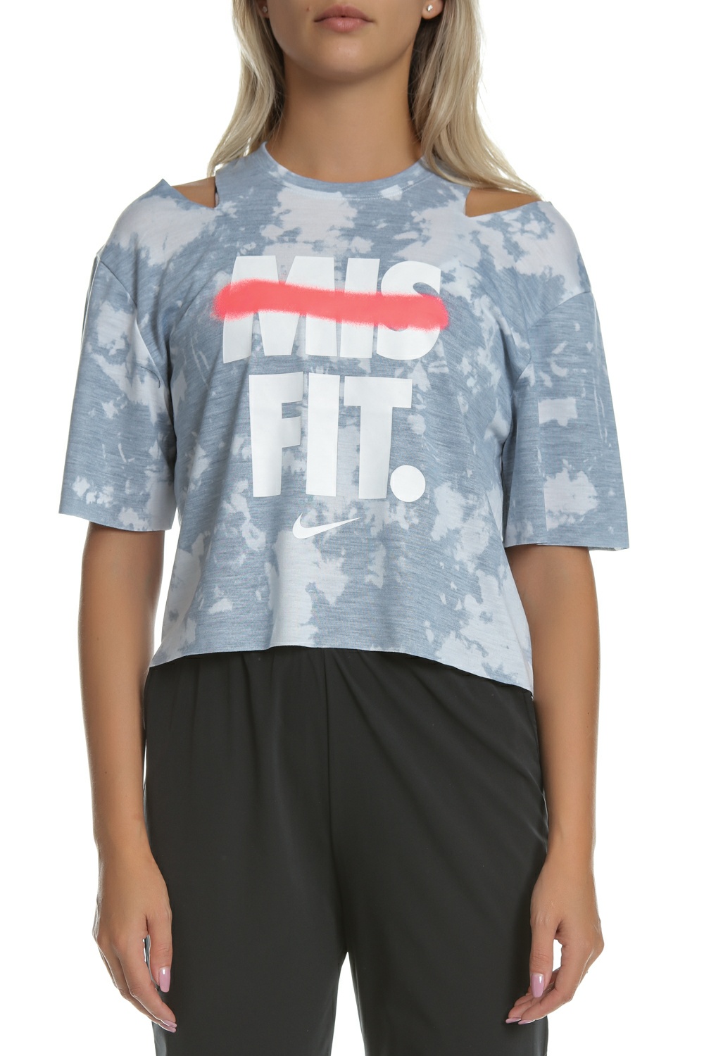 NIKE - Γυναικεία κοντομάνικη μπλούζα NIKE REBEL SS CROP TOP μπλε-γκρι Γυναικεία/Ρούχα/Αθλητικά/T-shirt-Τοπ