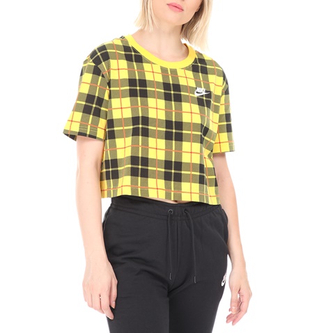 NIKE-Γυναικείο t-shirt ΝΙΚΕ NSW TEE FUTURA PLAID CROP κίτρινο μαύρο