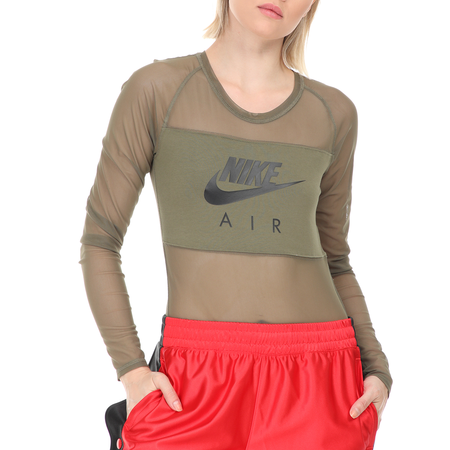 NIKE - Γυναικείο κορμάκι NIKE NSW AIR BODYSUIT LS MESH χακί Γυναικεία/Ρούχα/Αθλητικά/T-shirt-Τοπ
