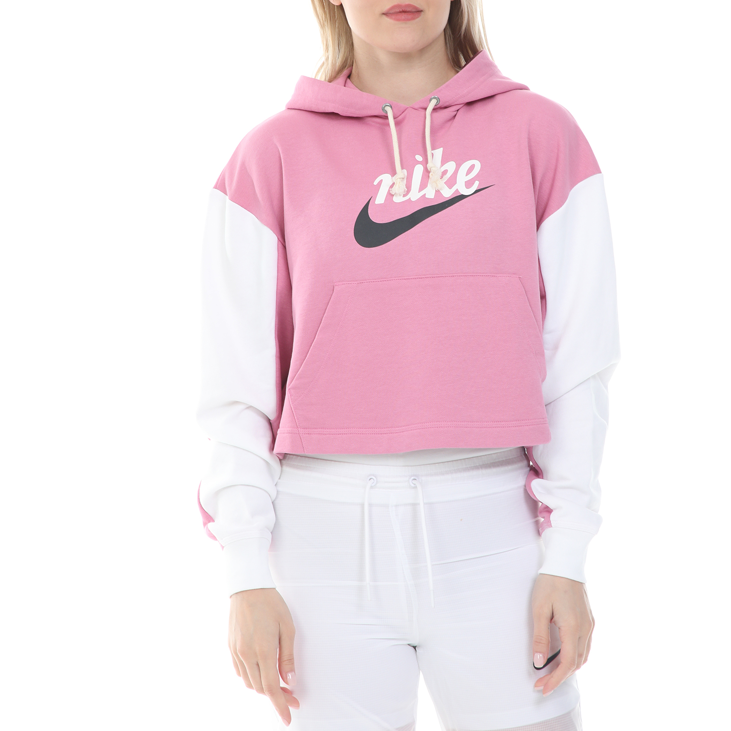 NIKE Γυναικεία cropped φούτερ μπλούζα NIKE NSW VRSTY HOODIE FT ροζ λευκή