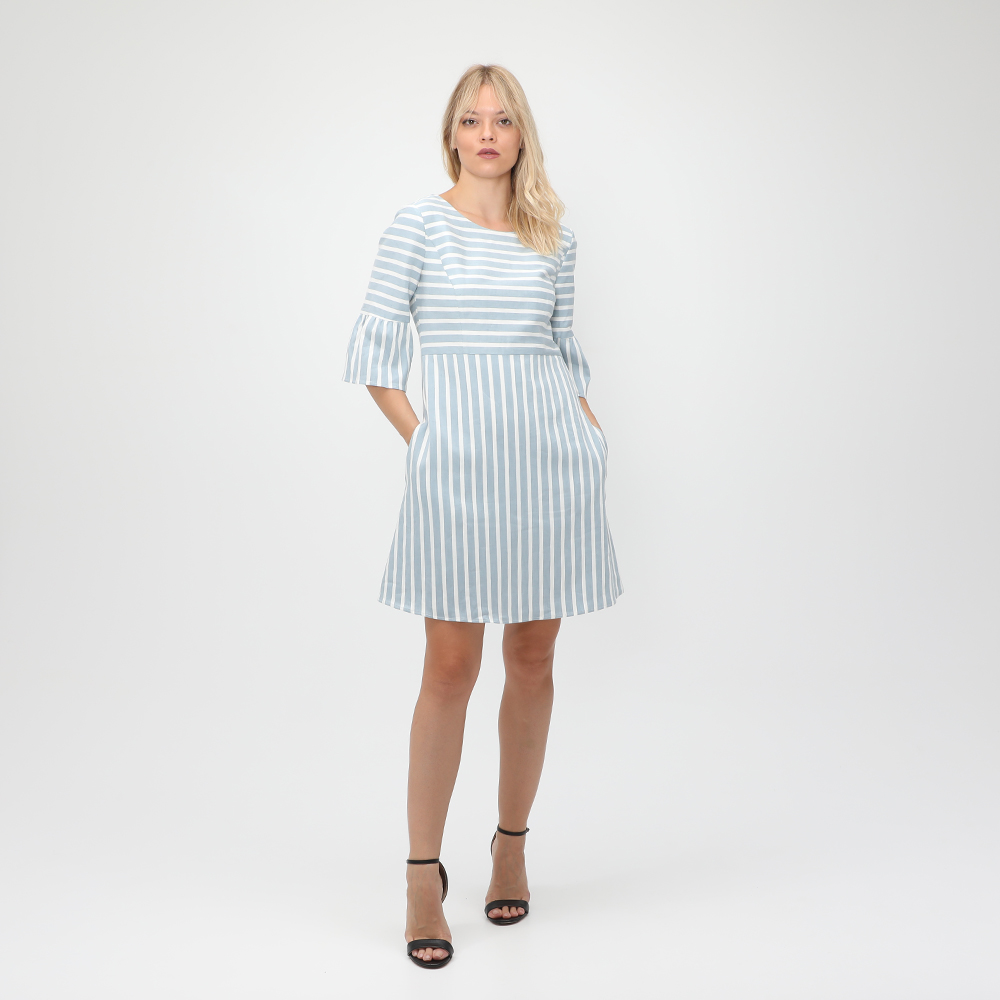 Γυναικεία/Ρούχα/Φορέματα/Μίνι BOSS - Γυναικείο mini φόρεμα BOSS Alinny λευκό μπλε ριγέ
