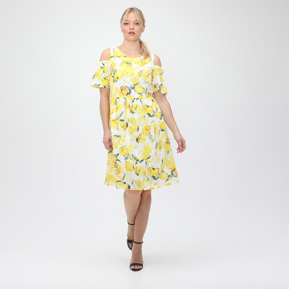 Γυναικεία/Ρούχα/Φορέματα/Μίνι BOSS - Γυναικείο midi φόρεμα BOSS Alemy λευκό κίτρινο