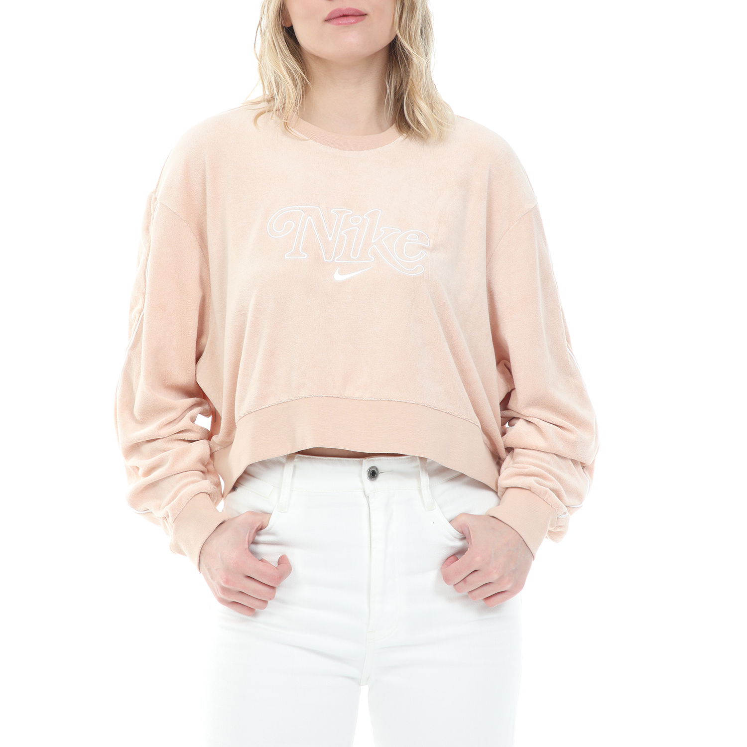 Γυναικεία/Ρούχα/Φούτερ/Μπλούζες NIKE - Γυναικεία cropped φούτερ μπλούζα NIKE NSW RETRO FEMME CREW TERRY ροζ
