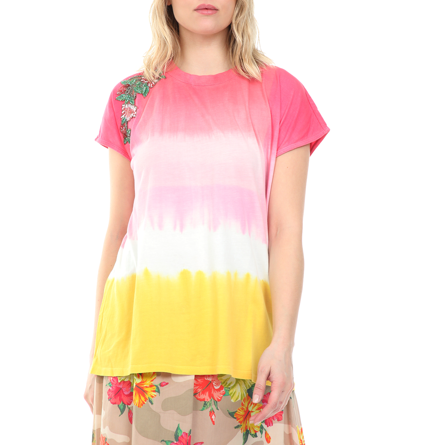Γυναικεία/Ρούχα/Μπλούζες/Κοντομάνικες TWIN-SET - Γυναικεία μπλούζα TWIN-SET ροζ κίτρινη