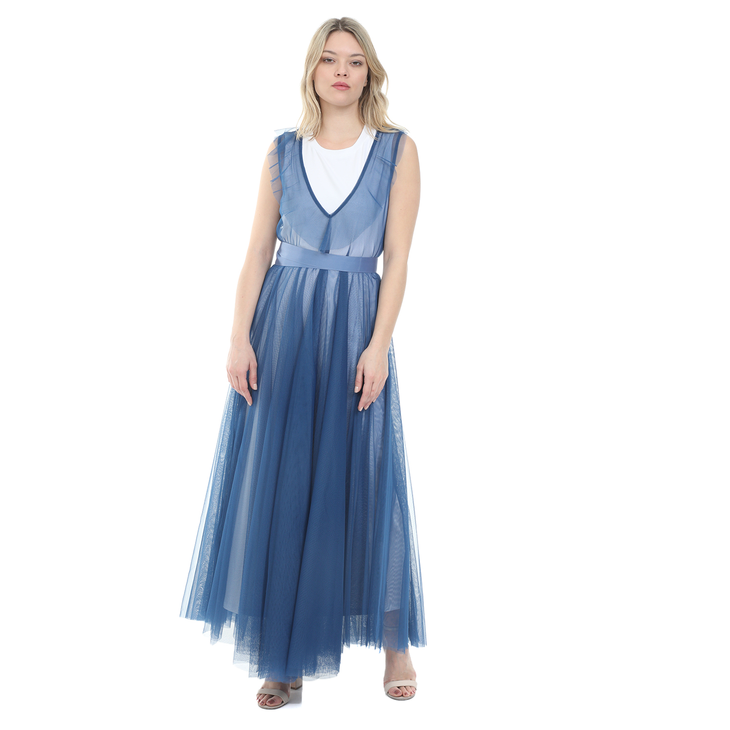 MY TWINS Γυναικείο maxi φόρεμα MY TWINS λευκό μπλε