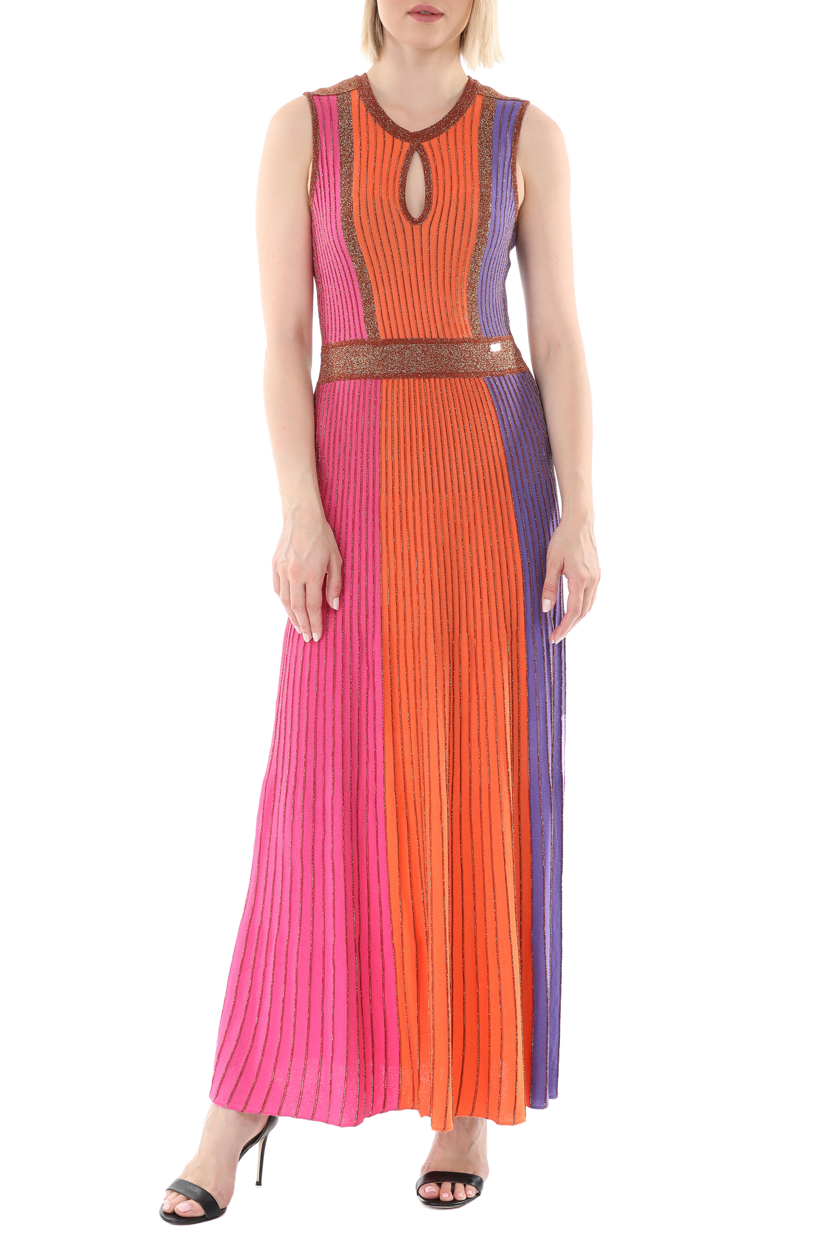 NENETTE Γυναικείο maxi φόρεμα NENETTE TIARA MAGLIA PLISSE φούξια πορτοκαλί μπλε