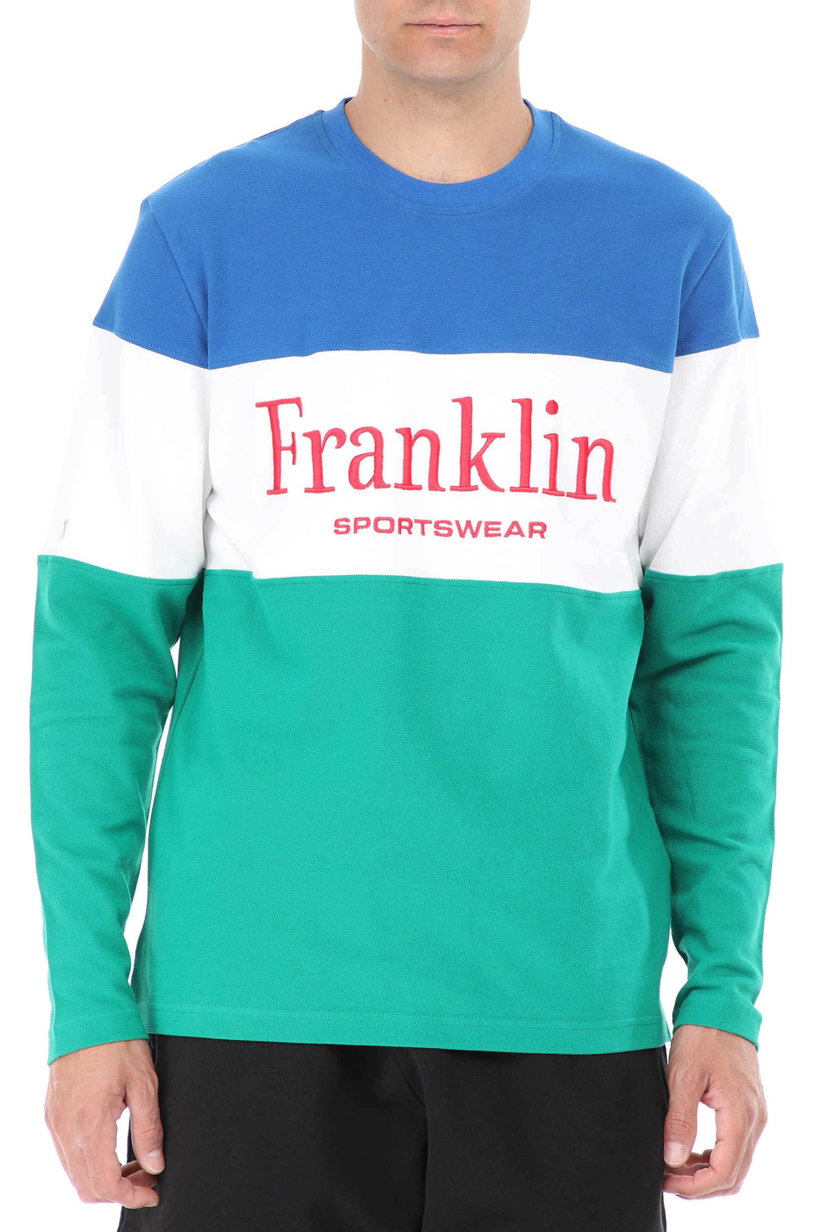 Ανδρικά/Ρούχα/Μπλούζες/Μακρυμάνικες FRANKLIN & MARSHALL - Ανδρική μπλούζα FRANKLIN & MARSHALL Vintage Sportswear Color Block μπλε πράσινη