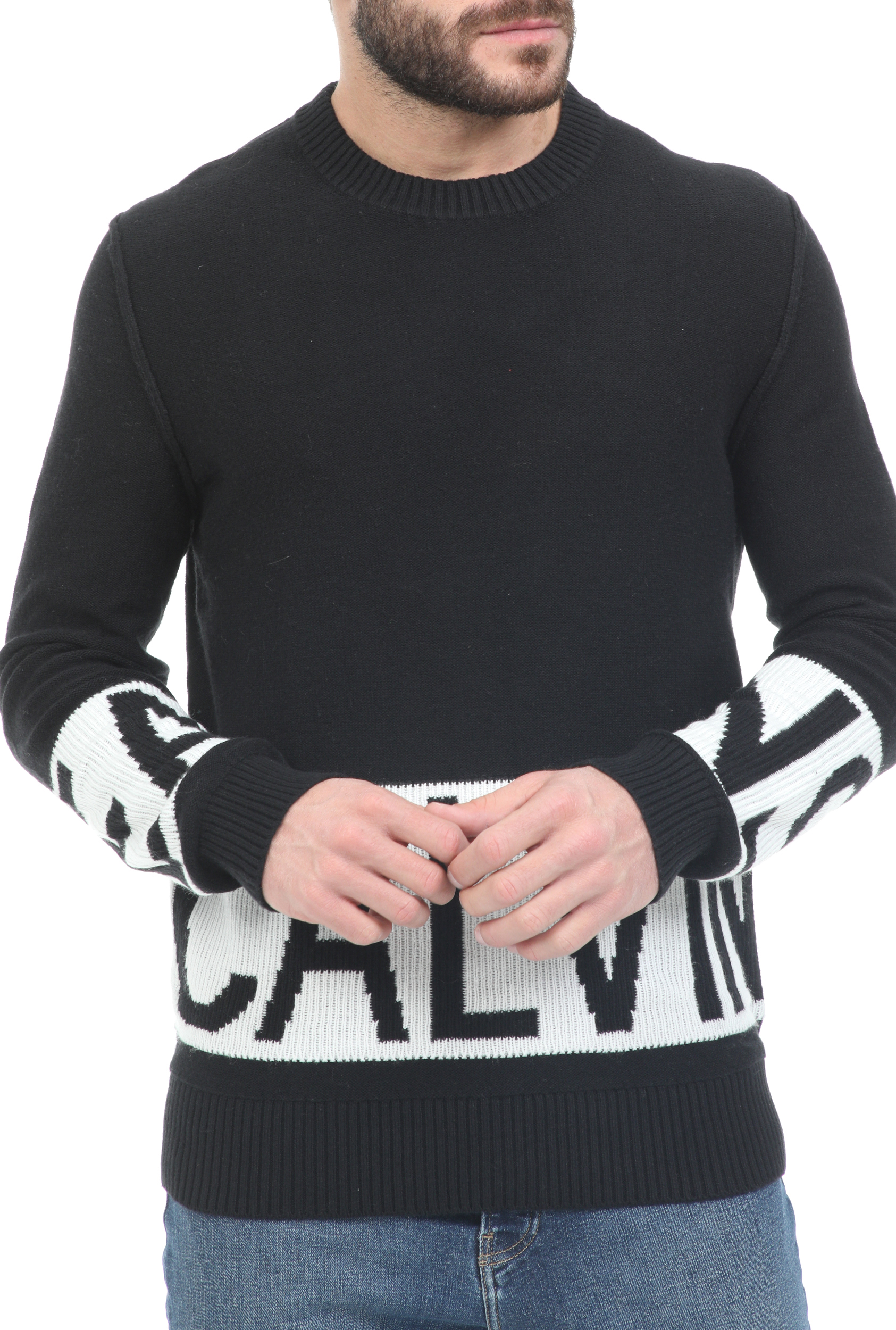 Ανδρικά/Ρούχα/Πλεκτά-Ζακέτες/Πουλόβερ CALVIN KLEIN JEANS - Ανδρικό πουλόβερ CALVIN KLEIN JEANS BLOCKING LOGO μαύρο λευκό
