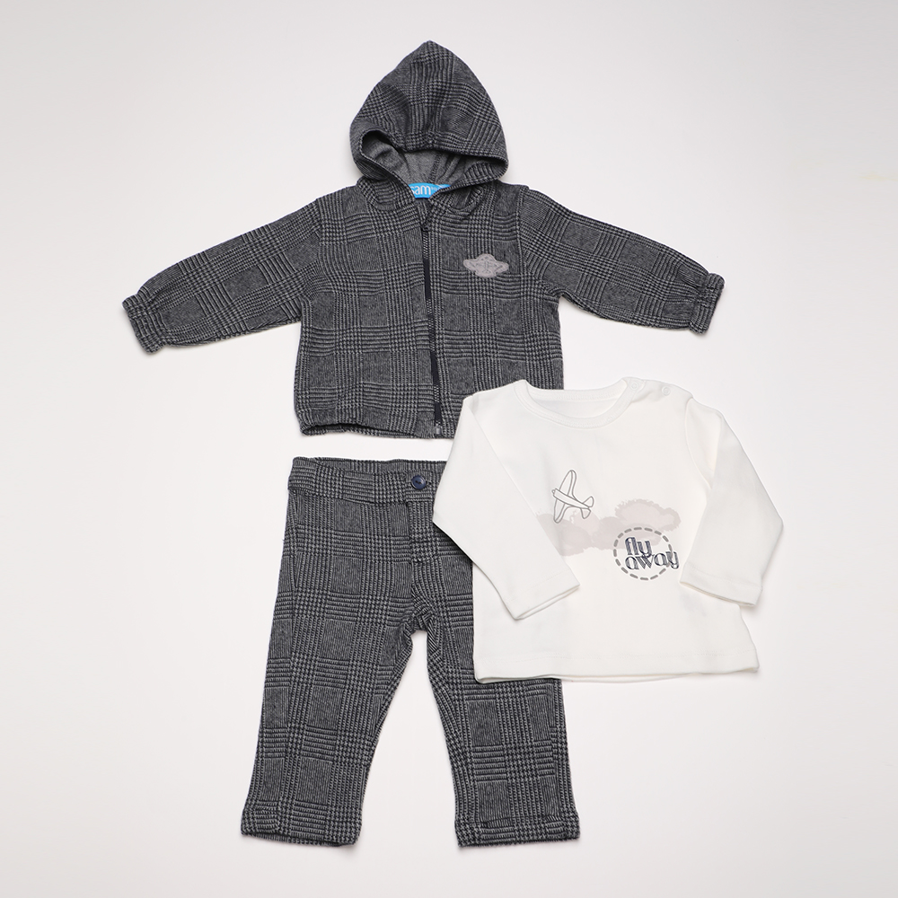 Παιδικά/Baby/Ρούχα/Σετ SAM 0-13 - Βρεφικό σετ από ζακέτα, μπλούζα και παντελόνι SAM 0-13 εκρού γκρι