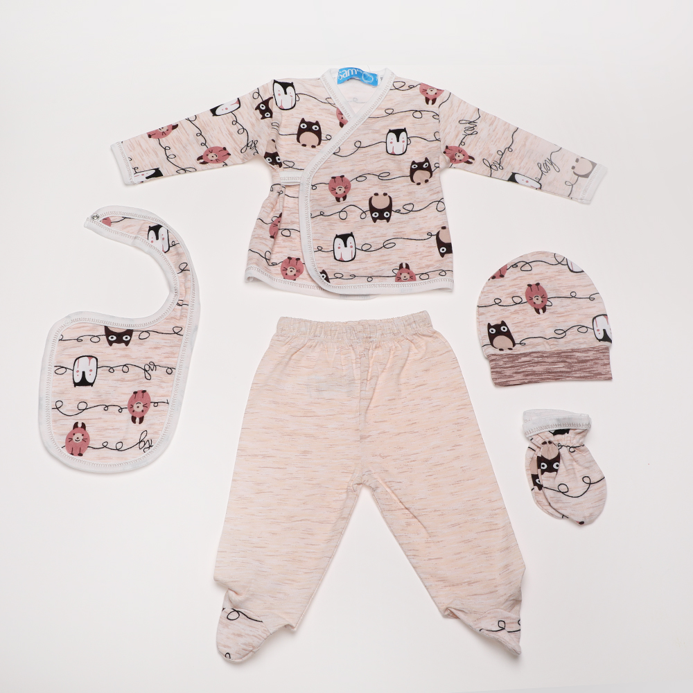 Παιδικά/Baby/Ρούχα/Σετ SAM 0-13 - Βρεφικό σετ από πιτζάμα, σαλιάρα, σκούφο και γαντάκια SAM 0-13 μπεζ