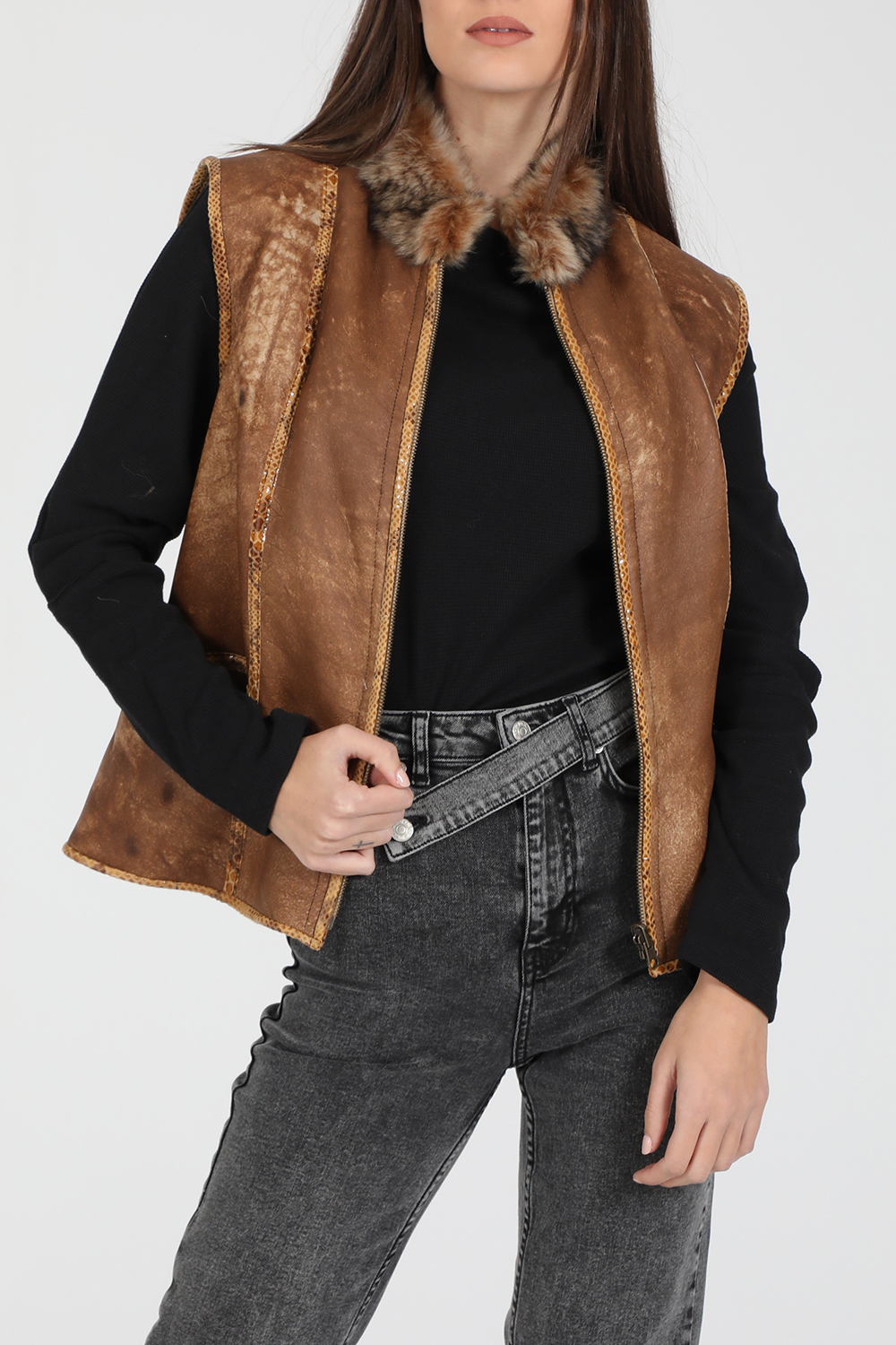 Γυναικεία/Ρούχα/Πανωφόρια/Δερμάτινα τζάκετς RITSELFURS - Γυναικείο αμάνικο δερμάτινο jacket RITSELFURS VEST DOUBLEFACED MOUTON FUR καφέ