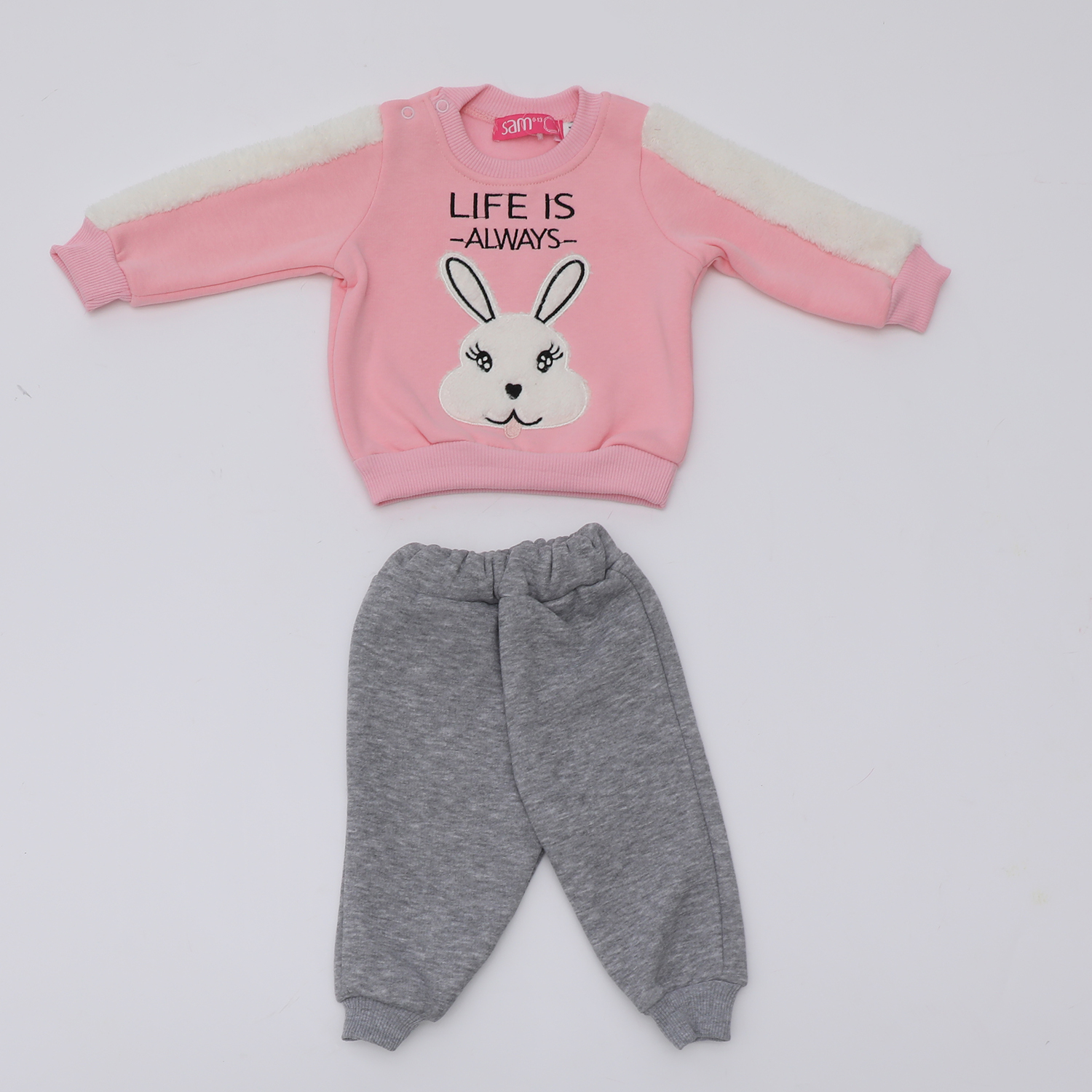 Παιδικά/Baby/Ρούχα/Σετ SAM 0-13 - Βρεφικό σετ φόρμας SAM 0-13 LIFE IS ALWAYS ροζ γκρι