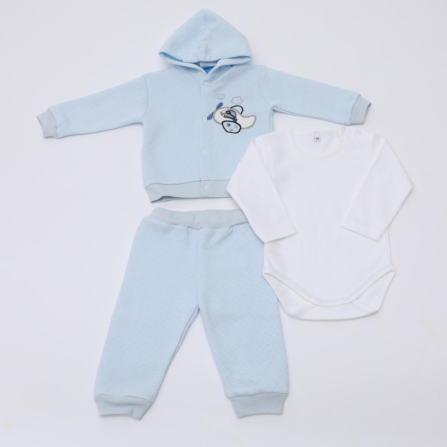 Παιδικά/Baby/Ρούχα/Σετ SAM 0-13 - Βρεφικό σετ από φορμάκι, παντελόνι και ζακέτα SAM 0-13 γαλάζιο λευκό