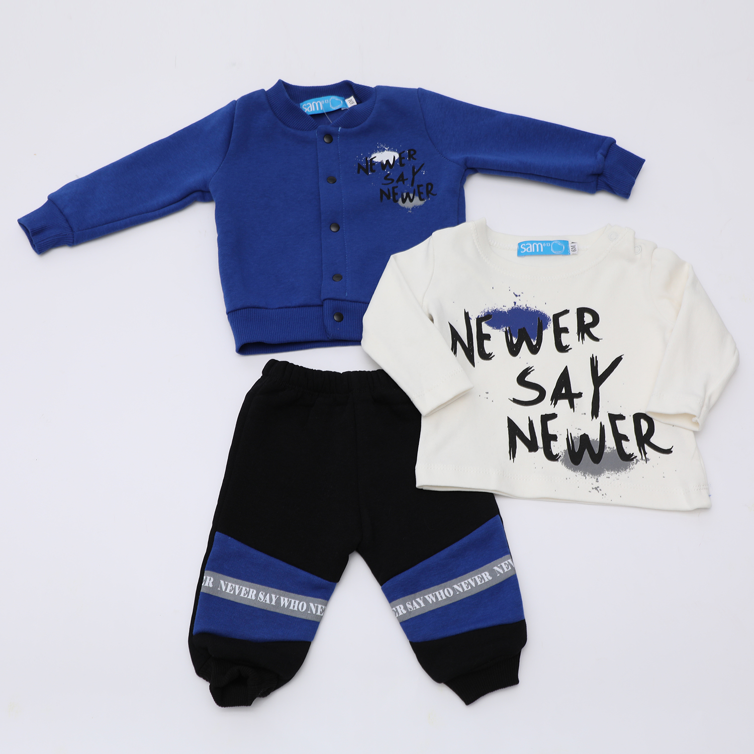Παιδικά/Baby/Ρούχα/Σετ SAM 0-13 - Βρεφικό σετ από φόρμα μπλούζα και ζακέτα SAM 0-13 NEWER SAY NEWER μπλε μαύρο