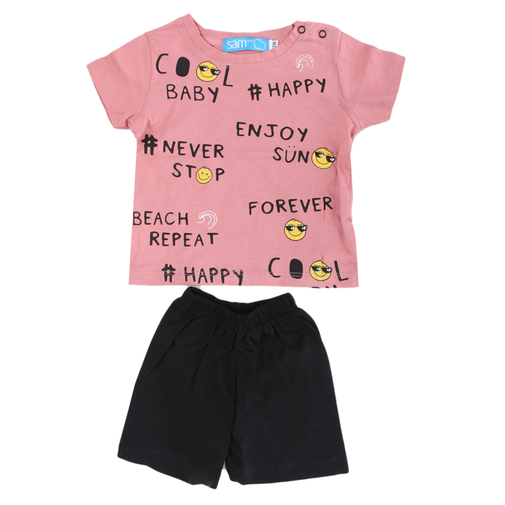 Παιδικά/Baby/Ρούχα/Σετ SAM 0-13 - Βρεφικό σετ από μπλούζα και σορτσάκι SAM 0-13 NEVER STOP ENJOY ροζ μαύρο