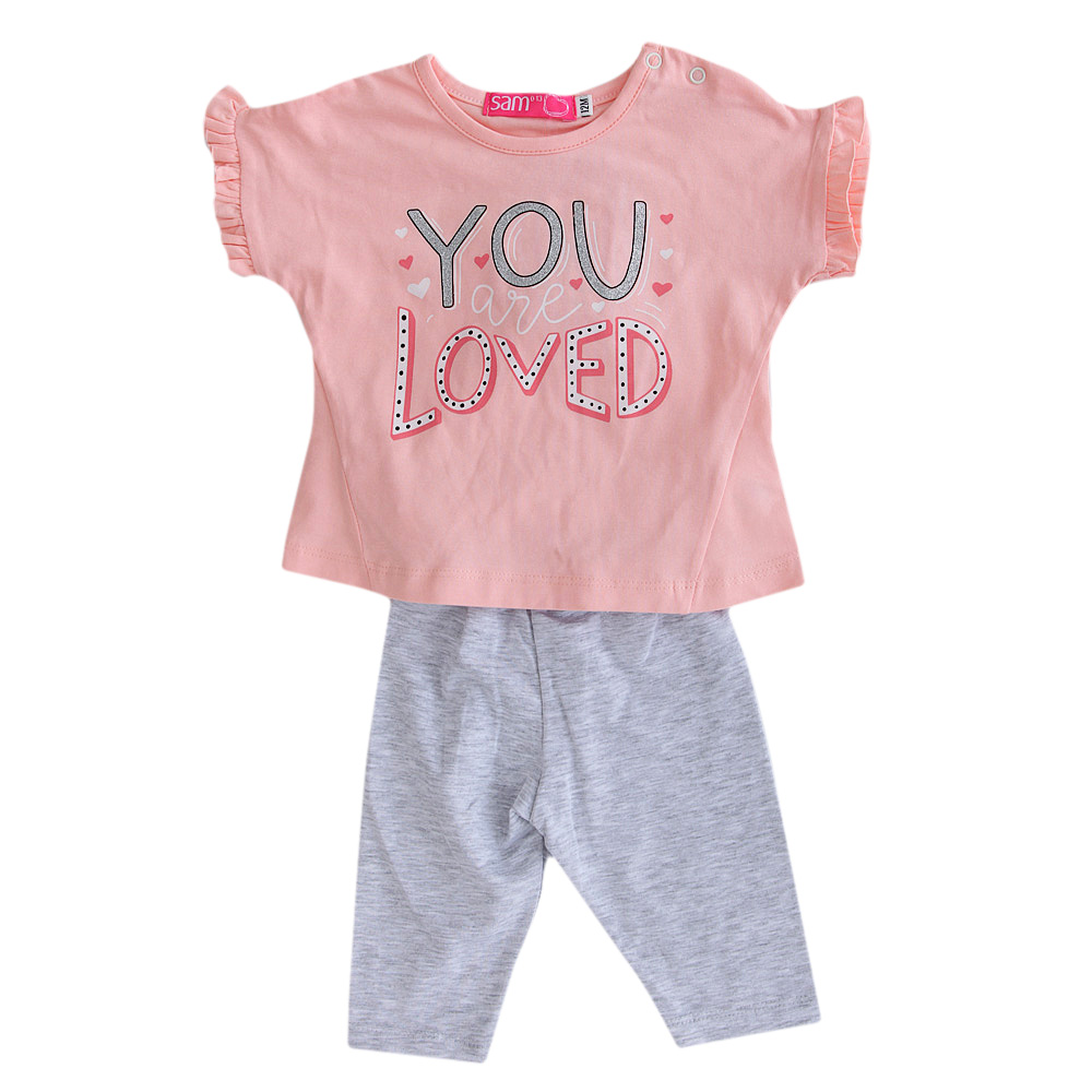 Παιδικά/Baby/Ρούχα/Σετ SAM 0-13 - Βρεφικό σετ από μπλούζα και κολάν SAM 0-13 YOU ARE LOVED ροζ γκρι