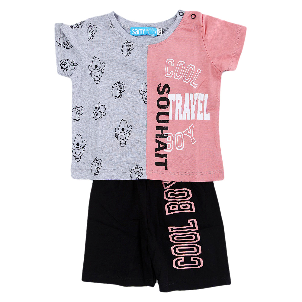 Παιδικά/Baby/Ρούχα/Σορτς-Βερμούδες SAM 0-13 - Βρεφικό σετ από μπλούζα και σορτσάκι SAM 0-13 COOL TRAVEL BOY γκρι ροζ
