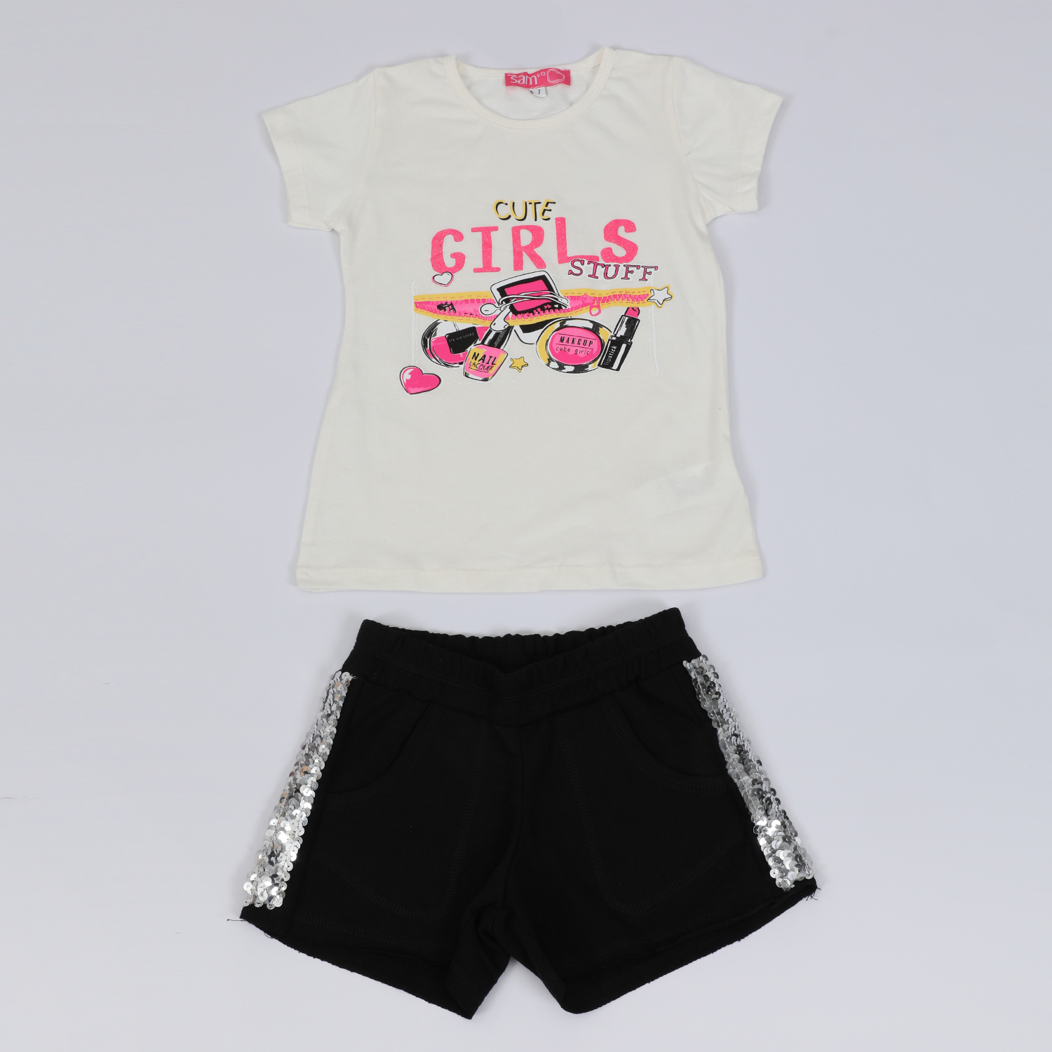 Παιδικά/Girls/Ρούχα/Μπλούζες Κοντομάνικες-Αμάνικες SAM 0-13 - Παιδικό σετ από μπλούζα και σορτσάκι SAM 0-13 CUTE GIRLS STUFF εκρού μαύρο