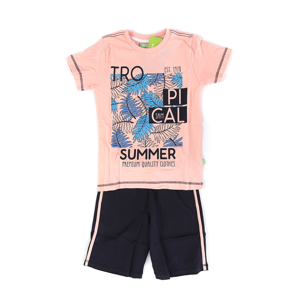 Παιδικά/Boys/Ρούχα/Σετ SAM 0-13 - Παιδικό σετ από μπλούζα και σορτσάκι SAM 0-13 TROPICAL SUMMER ροζ μαύρο