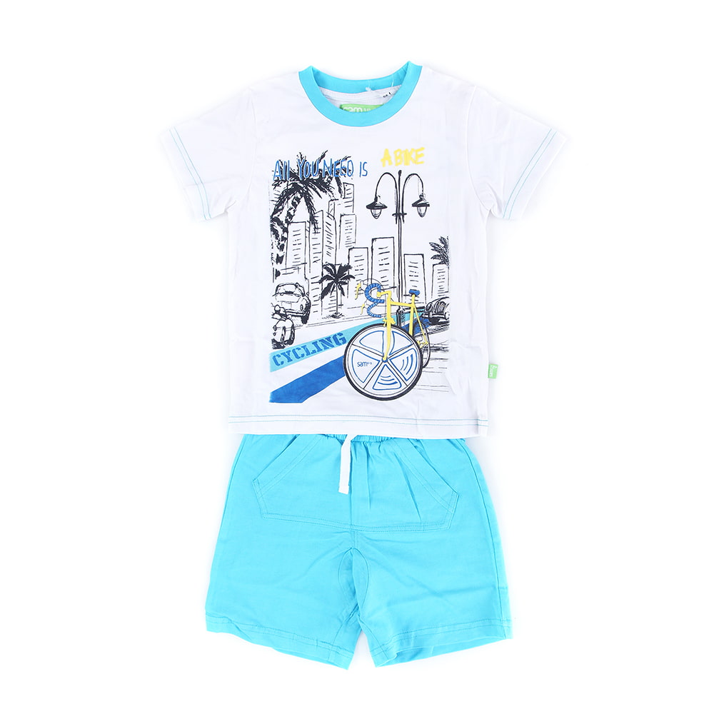 Παιδικά/Baby/Ρούχα/Σετ SAM 0-13 - Παιδικό σετ από μπλούζα και σορτσάκι SAM 0-13 ALL YOU NEED IS A BIKE λευκό μπλε
