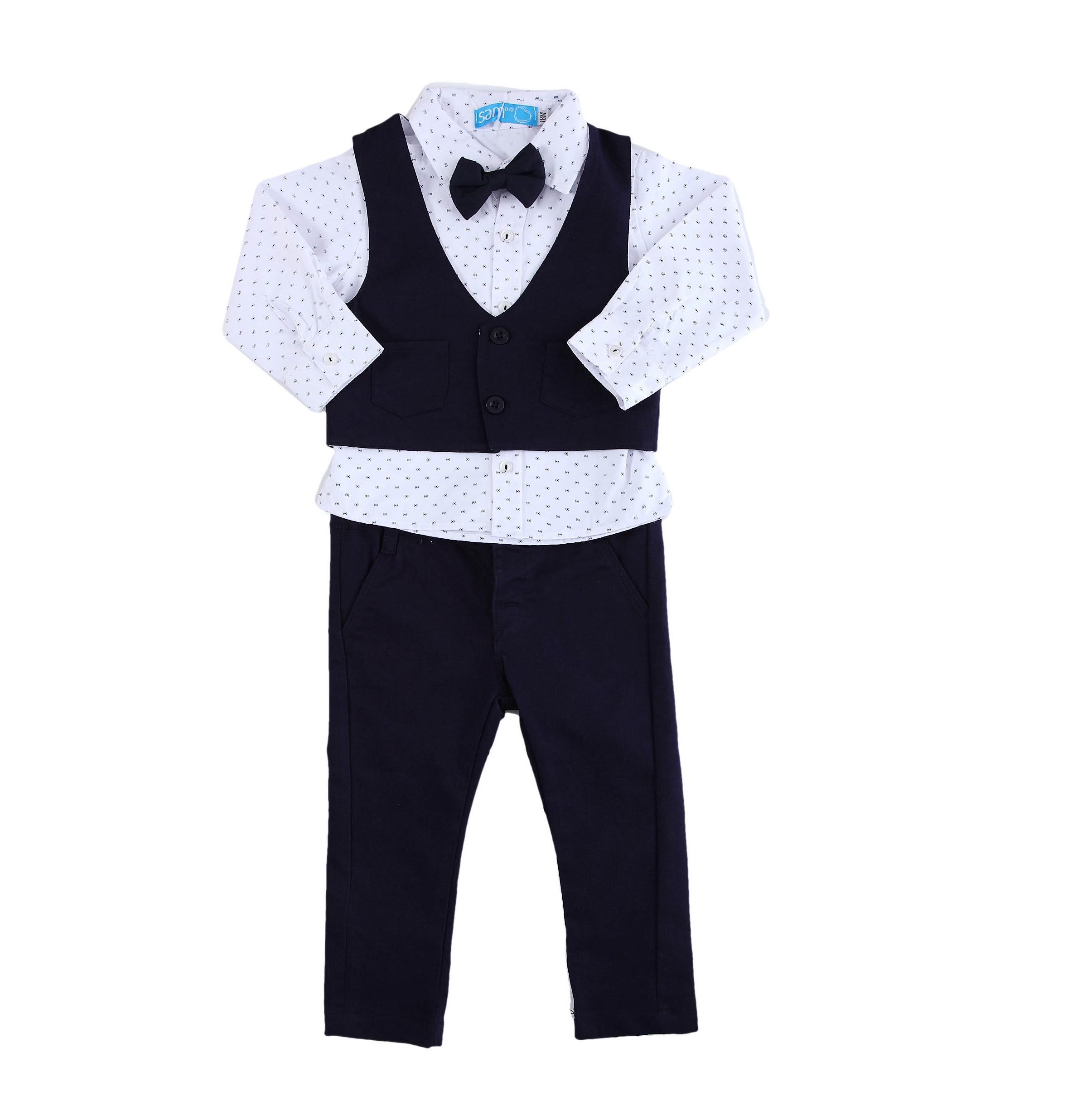 Παιδικά/Baby/Ρούχα/Σετ SAM 0-13 - Βρεφικό σετ από πουκάμισο, παντελόνι και γιλέκο SAM 0-13 λευκό μπλε