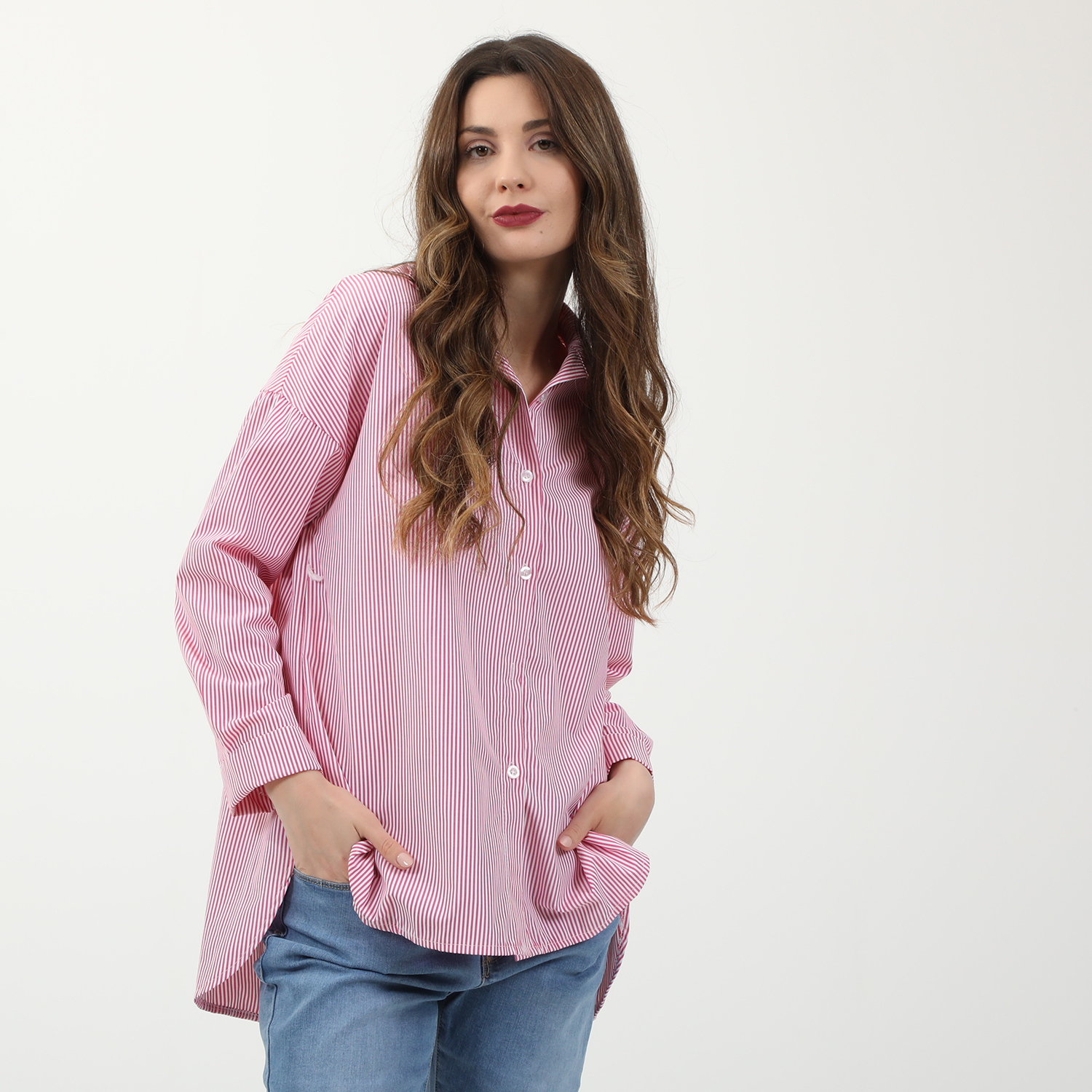 Γυναικεία/Ρούχα/Πουκάμισα/Μακρυμάνικα ATTRATTIVO - Γυναικείο μακρύ πουκάμισο ATTRATTIVO ριγέ ροζ λευκό