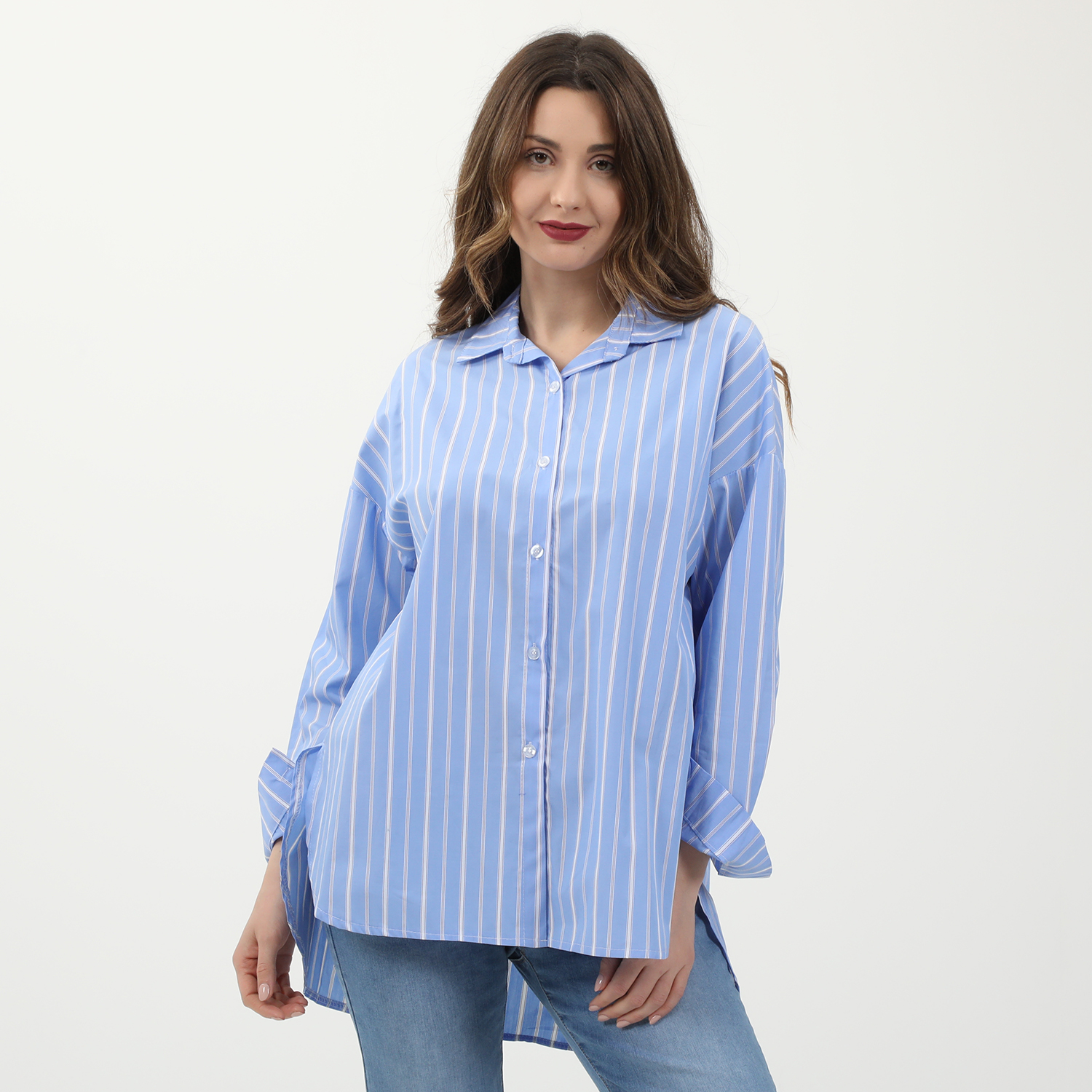 Γυναικεία/Ρούχα/Πουκάμισα/Μακρυμάνικα ATTRATTIVO - Γυναικείο μακρύ πουκάμισο ATTRATTIVO ριγέ μπλε λευκό