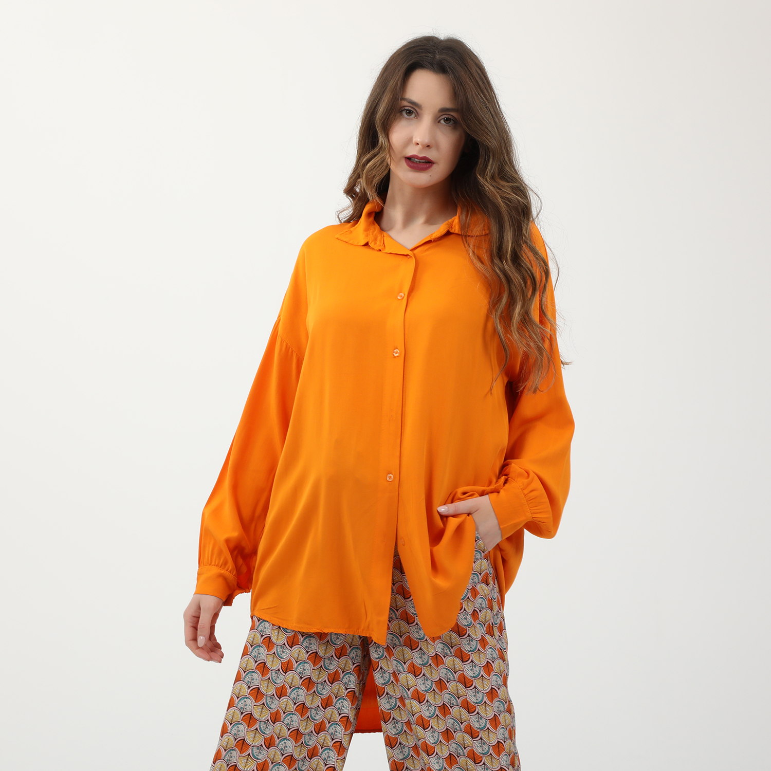 Γυναικεία/Ρούχα/Πουκάμισα/Πουκαμίσες ATTRATTIVO - Γυναικεία μακριά πουκαμίσα ATTRATTIVO πορτοκαλί