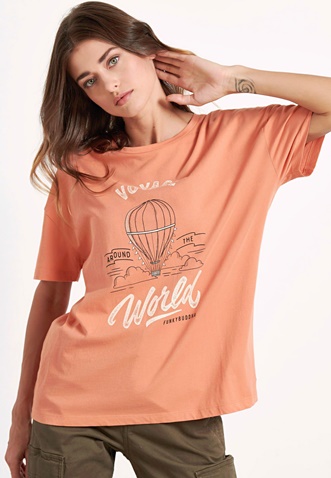 FUNKY BUDDHA-Γυναικείο t-shirt FUNKY BUDDHA FBL004-107-04 σομόν με graphic τύπωμα